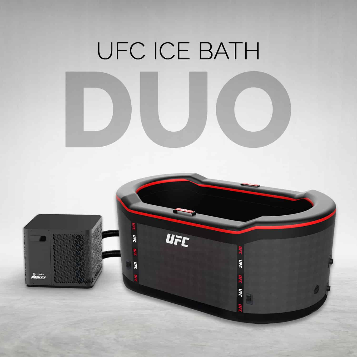 Una bañera de hielo inflable UFC con unidad de refrigeración, negra con detalles rojos.