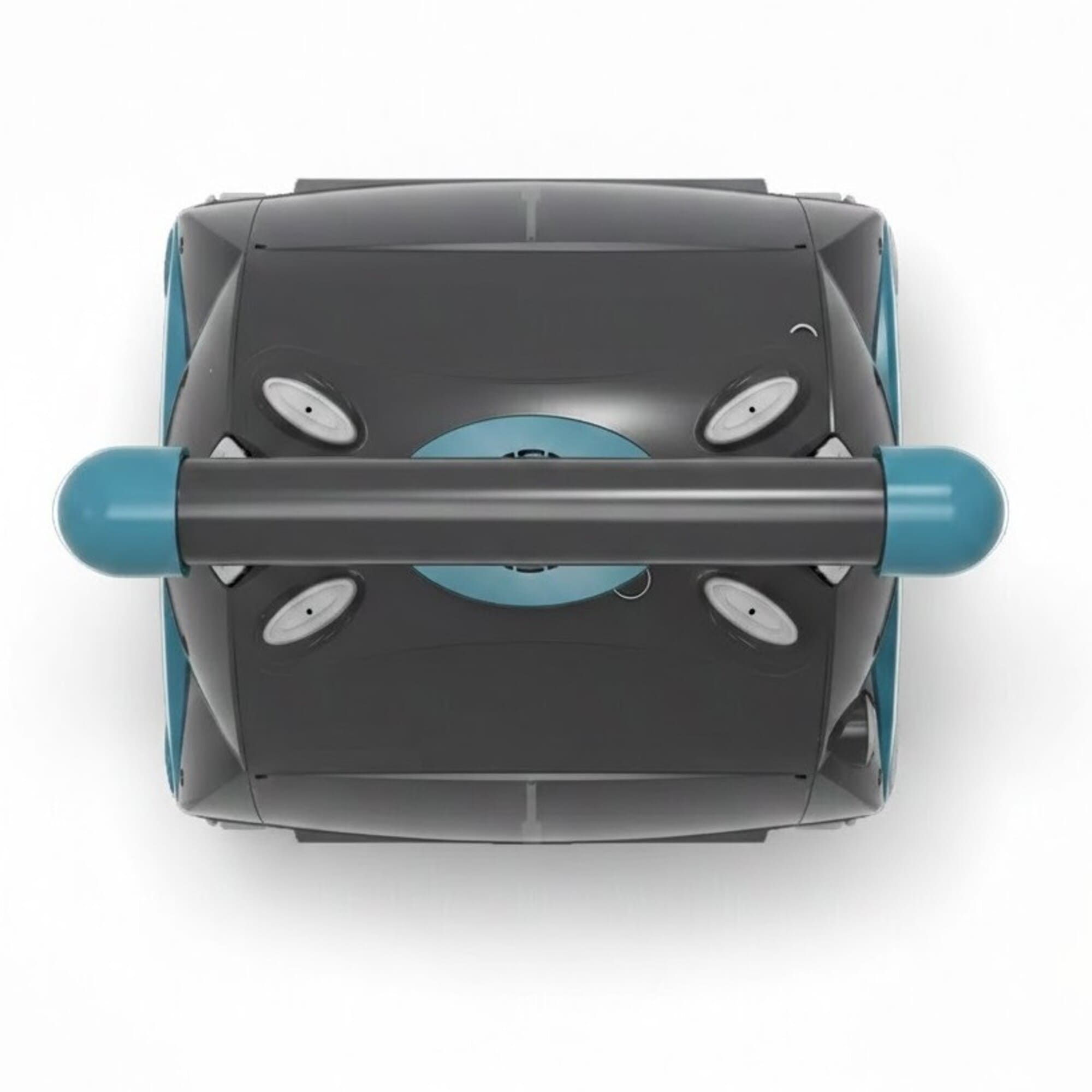 Un robot de piscina gris con mango azul y laterales azules sobre fondo blanco.