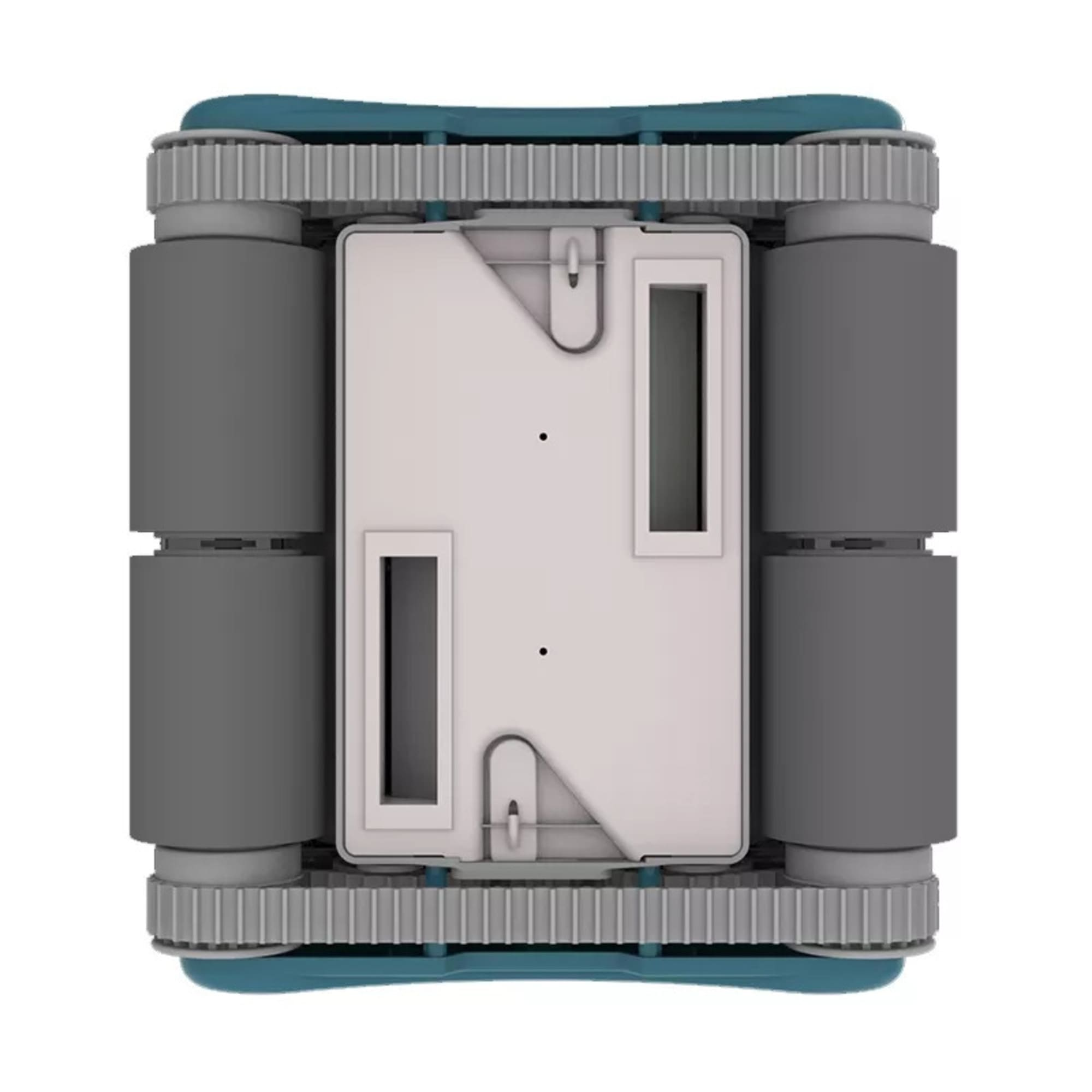 Un robot gris con detalles azules y ruedas.
