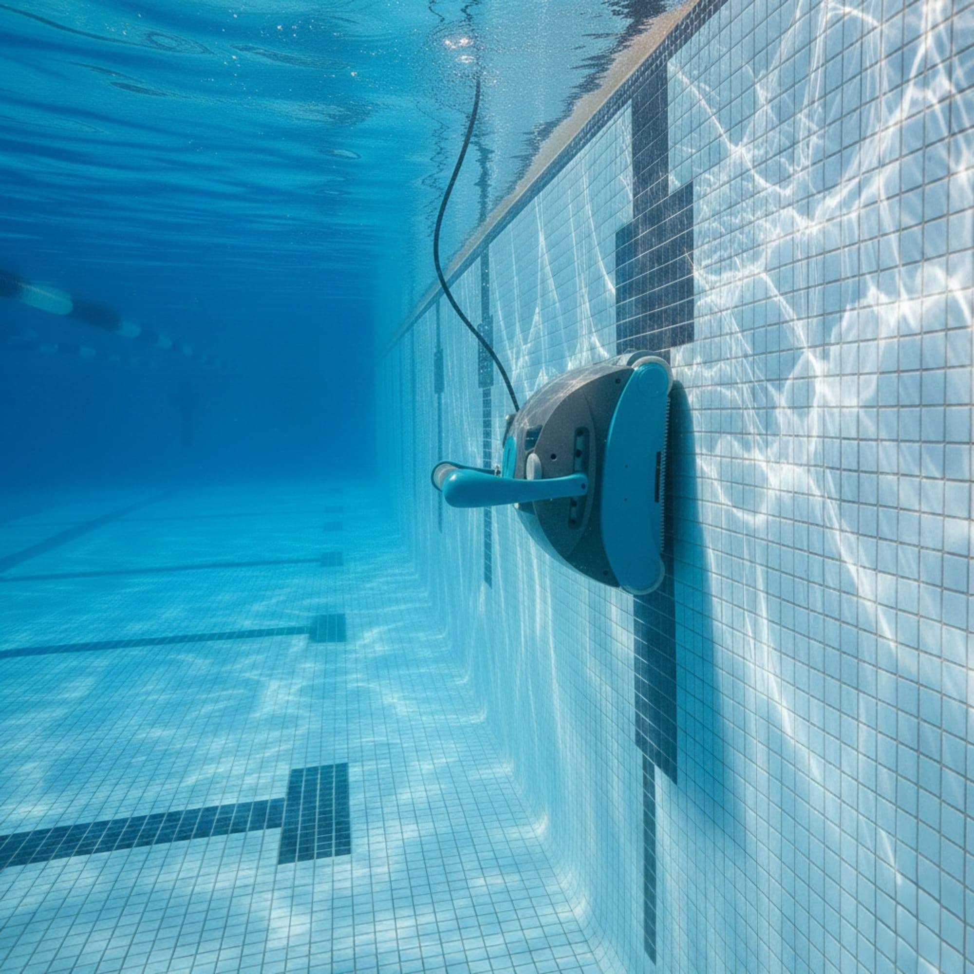 Un limpiador de piscinas limpia la pared alicatada de una piscina.