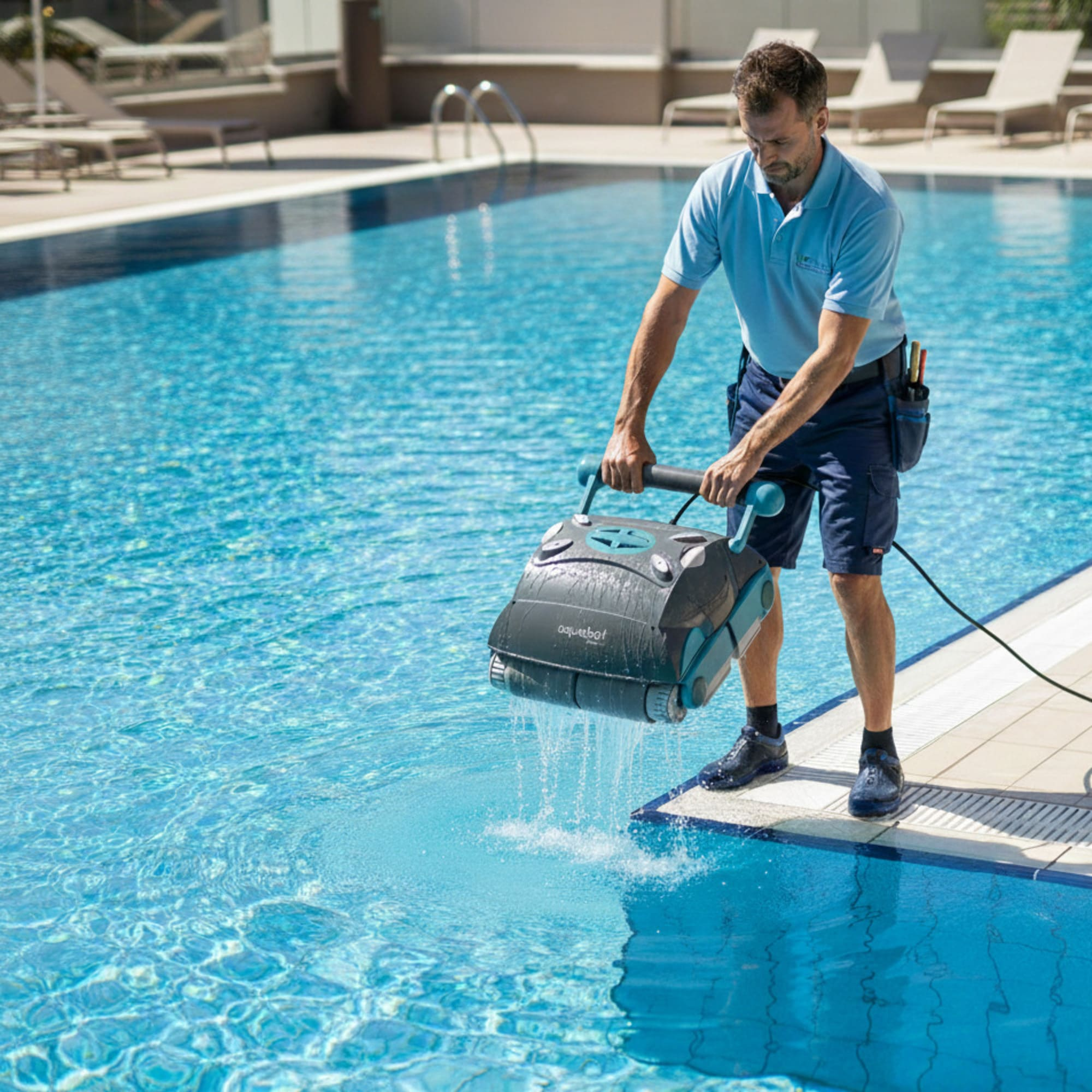 Un hombre saca un robot limpiador de la piscina del agua azul en el borde.