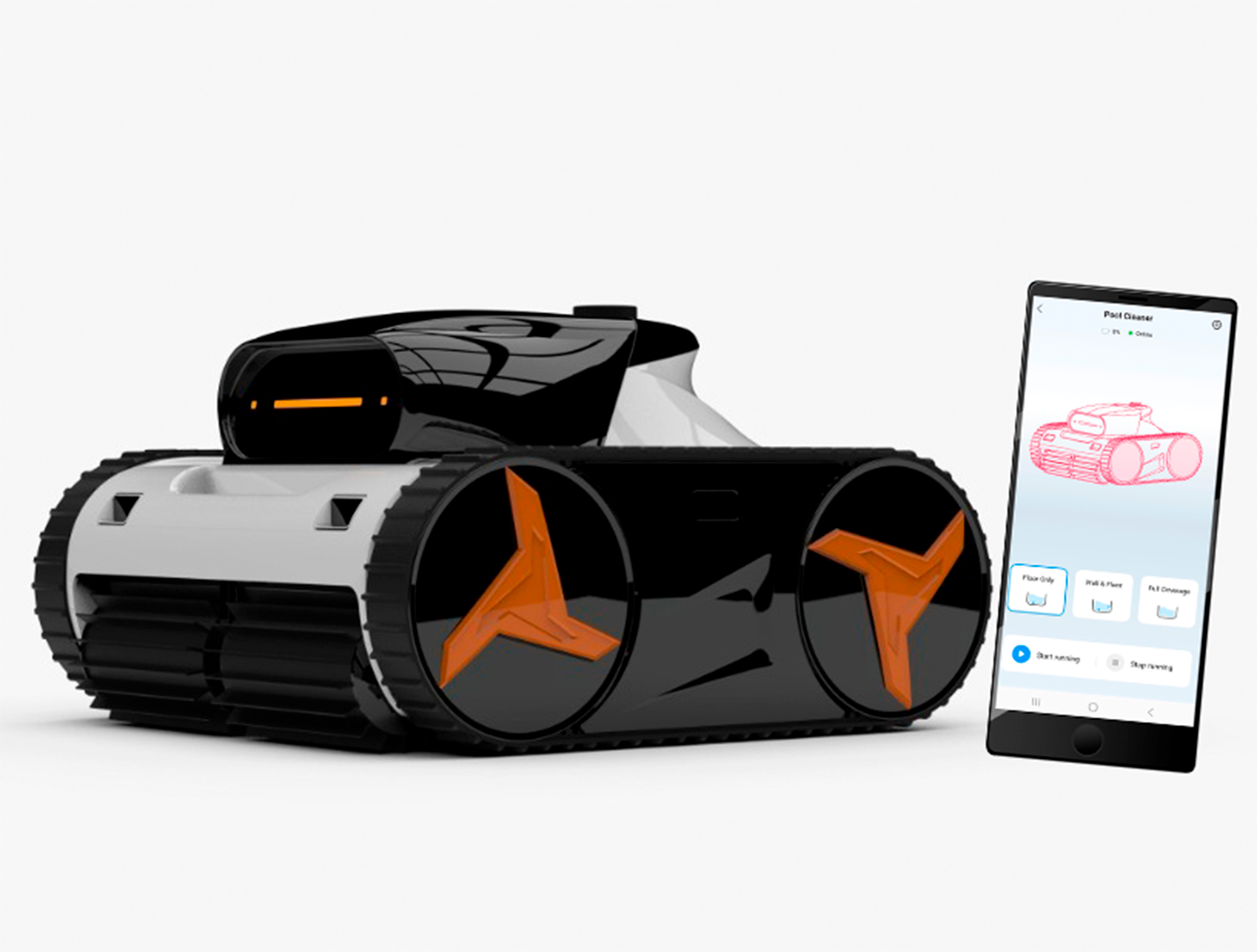 Un robot de piscina negro con detalles naranjas junto a un smartphone.