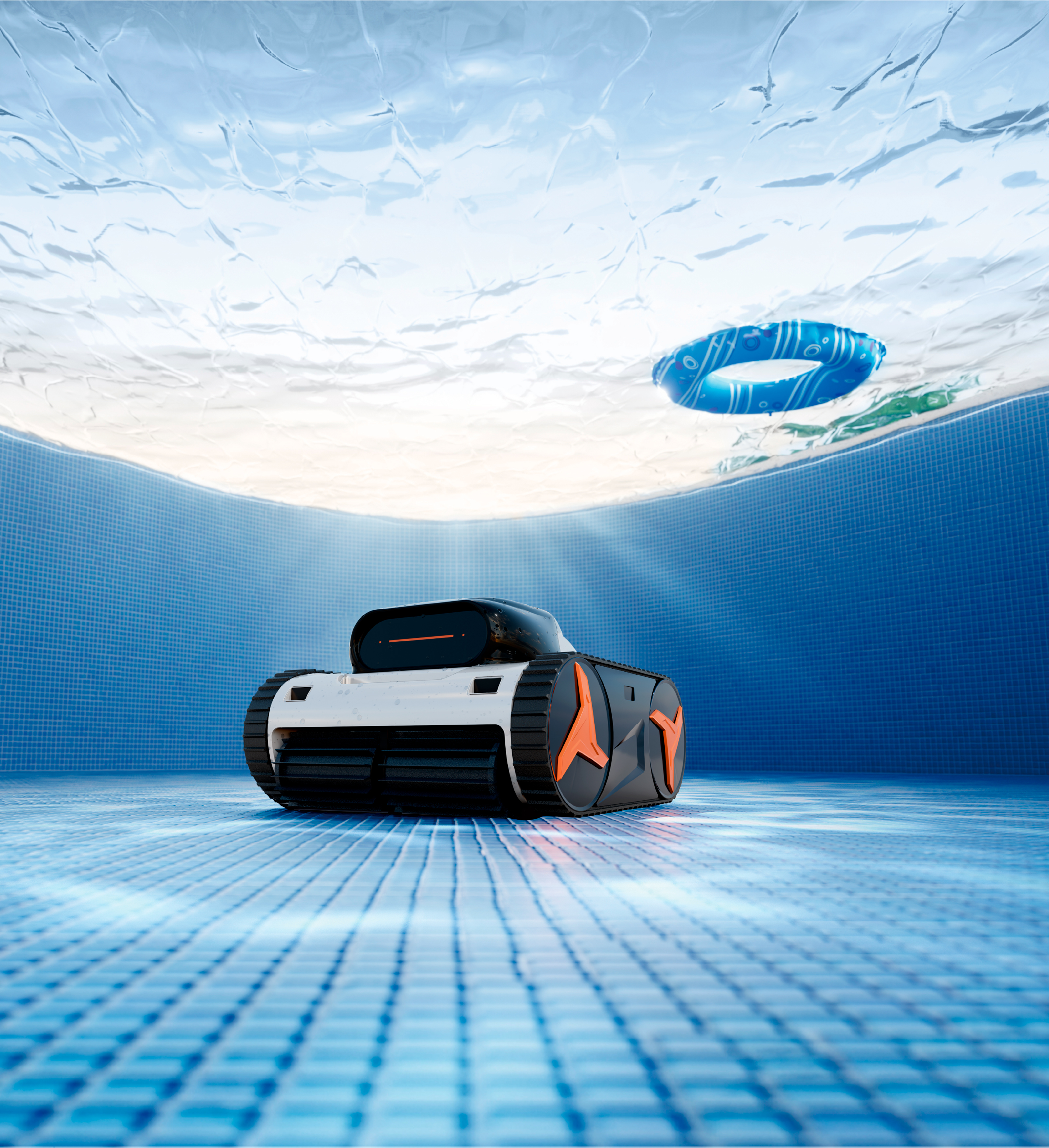 Un robot de piscina con detalles naranjas está en el fondo de mosaico.