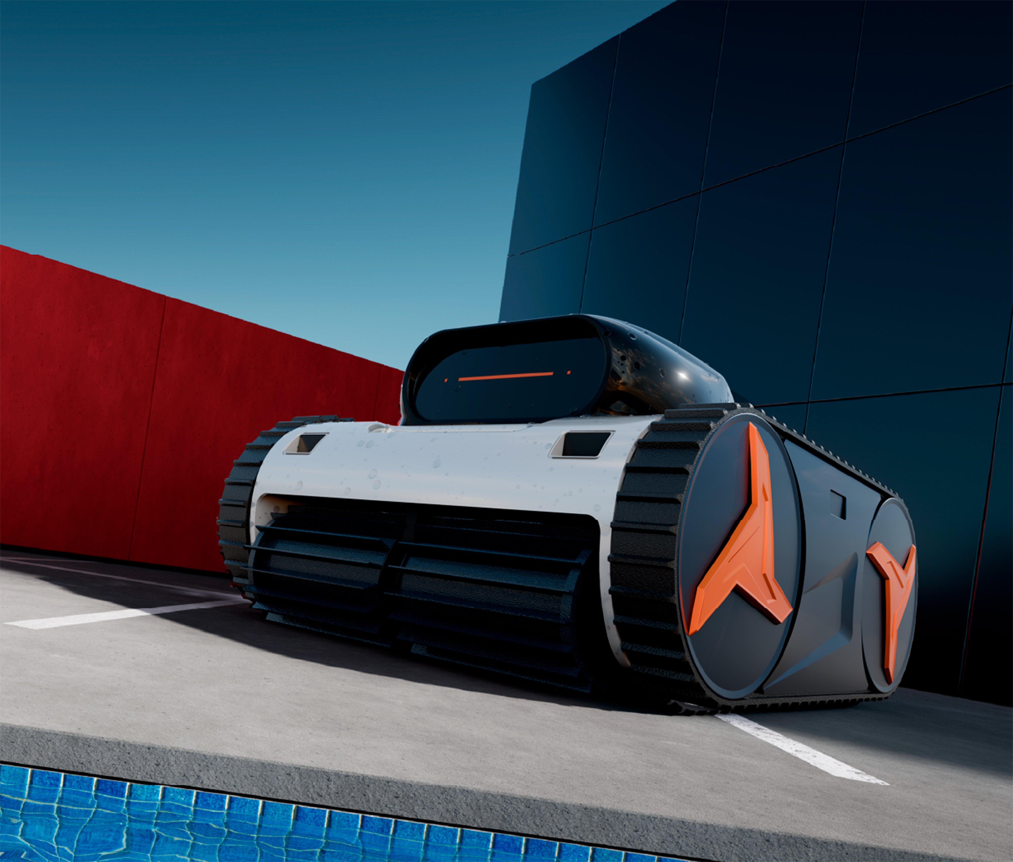Un robot de piscina blanco con detalles naranjas está sobre hormigón junto a una piscina.
