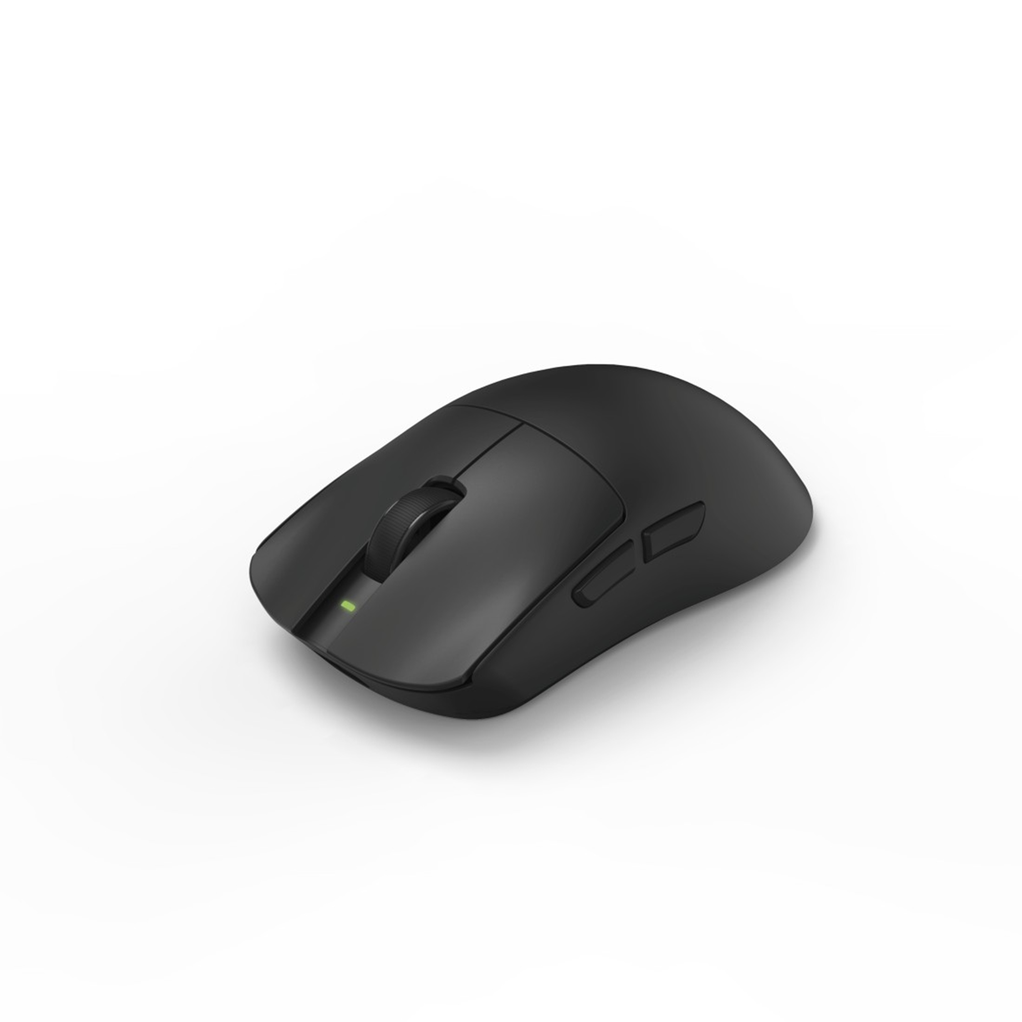 Un mouse per computer wireless nero con rotellina di scorrimento e LED verde.