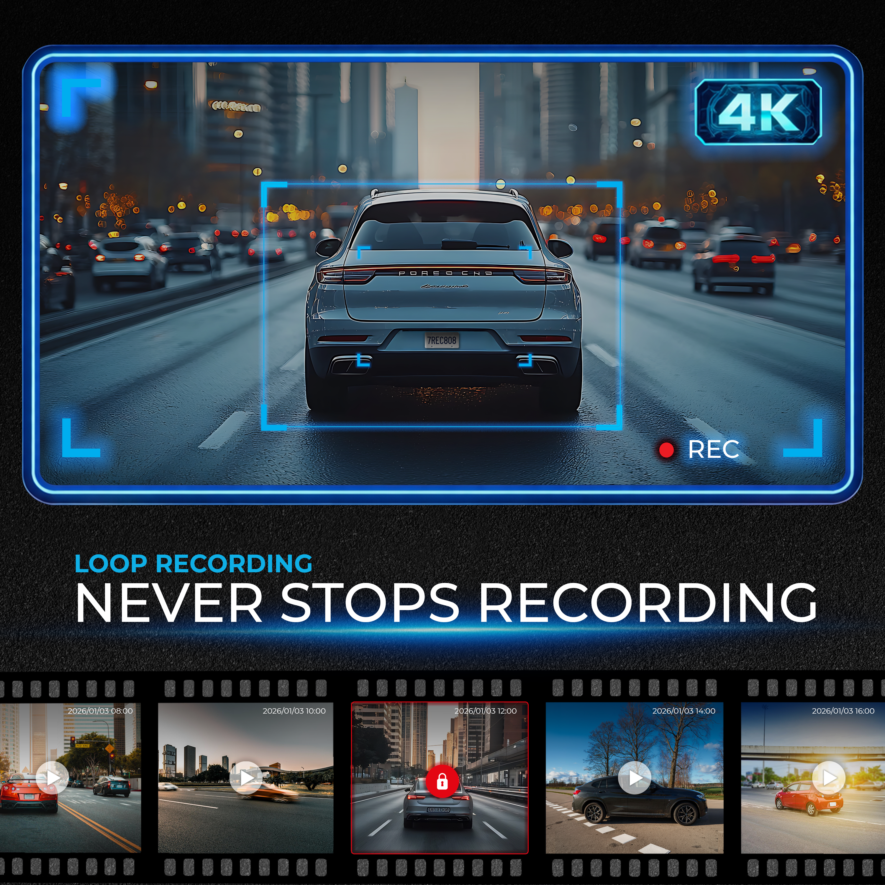 Vista posteriore di una Porsche su strada cittadina notturna, registrazione 4K.