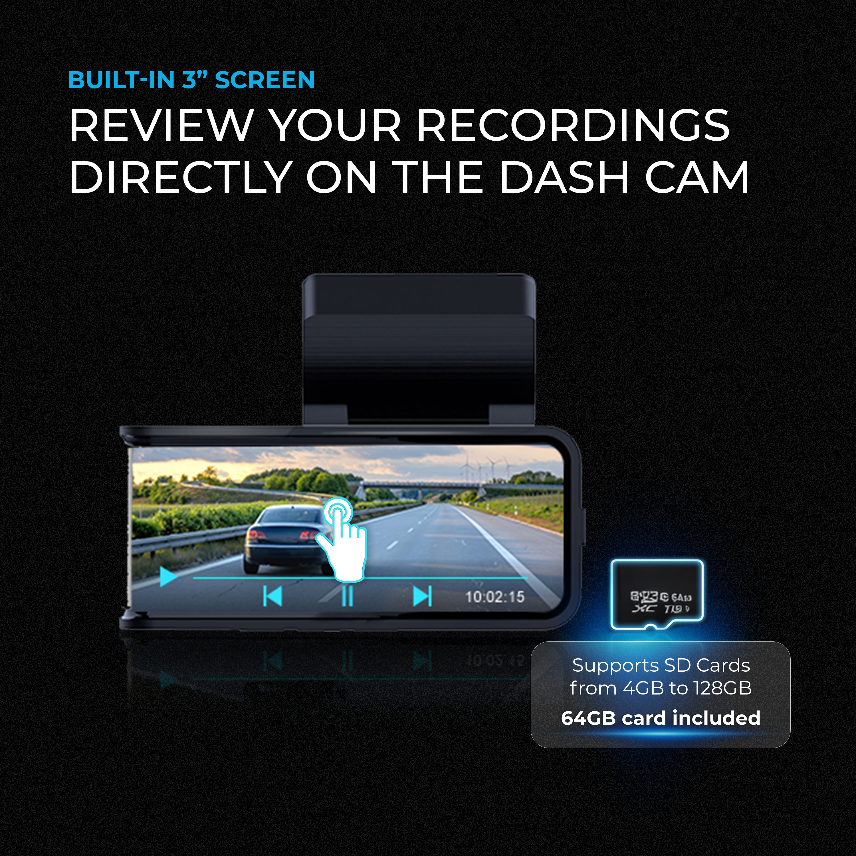 Dashcam con schermo da 3" che mostra una registrazione stradale. È raffigurata una scheda SD.