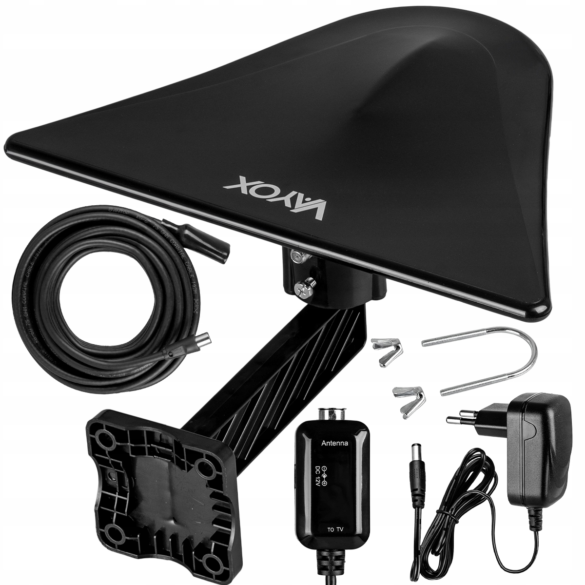 Czarna antena TV Vayox z kablem, zasilaczem i uchwytem montażowym.