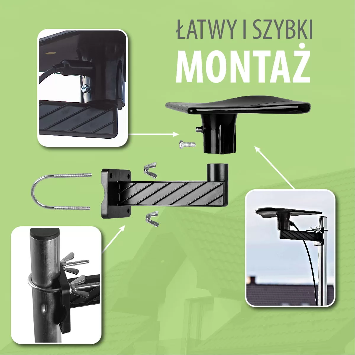 Instrukcja montażu czarnego uchwytu ze śrubami i klamrą U na zielonym tle.