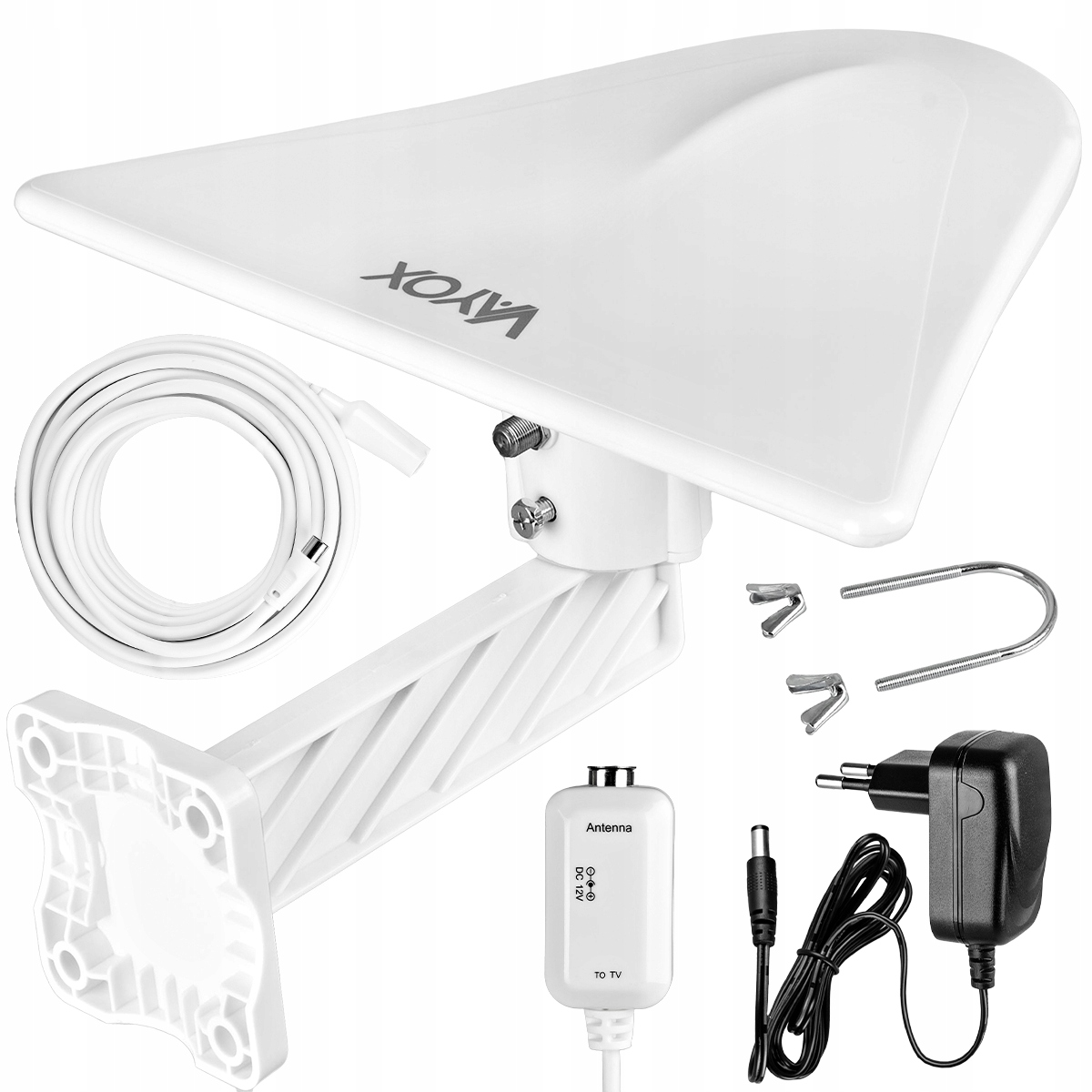 Biała antena z uchwytem, kablem, zasilaczem i akcesoriami na białym tle.