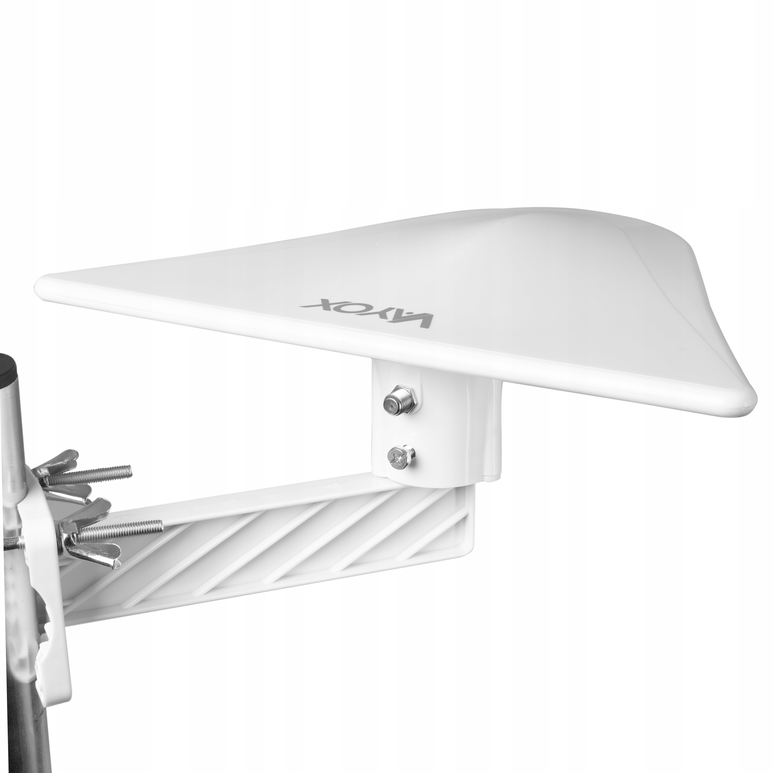 Biała antena ze srebrnymi śrubami montażowymi przymocowana do masztu.