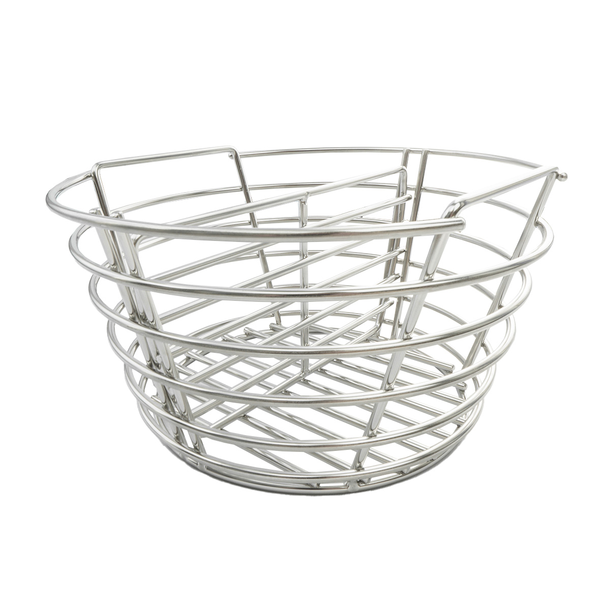 A round, empty metal wire basket with handles, isolated on a white background.
