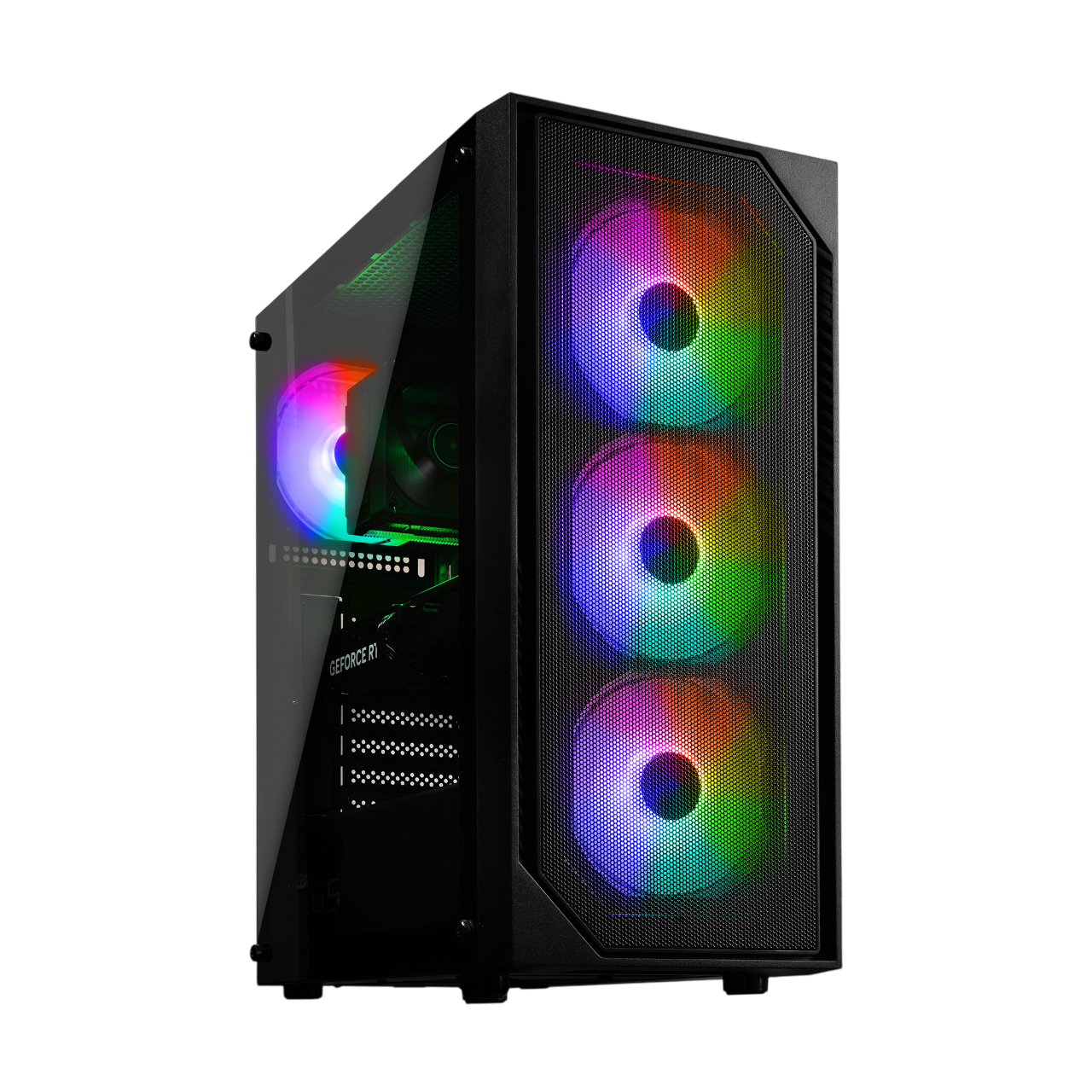 Czarna obudowa komputera z podświetlanymi wentylatorami. Efekty świetlne RGB.