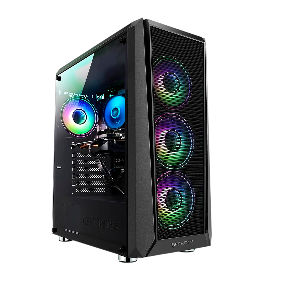 Un case PC nero con finestra in vetro e ventole illuminate.