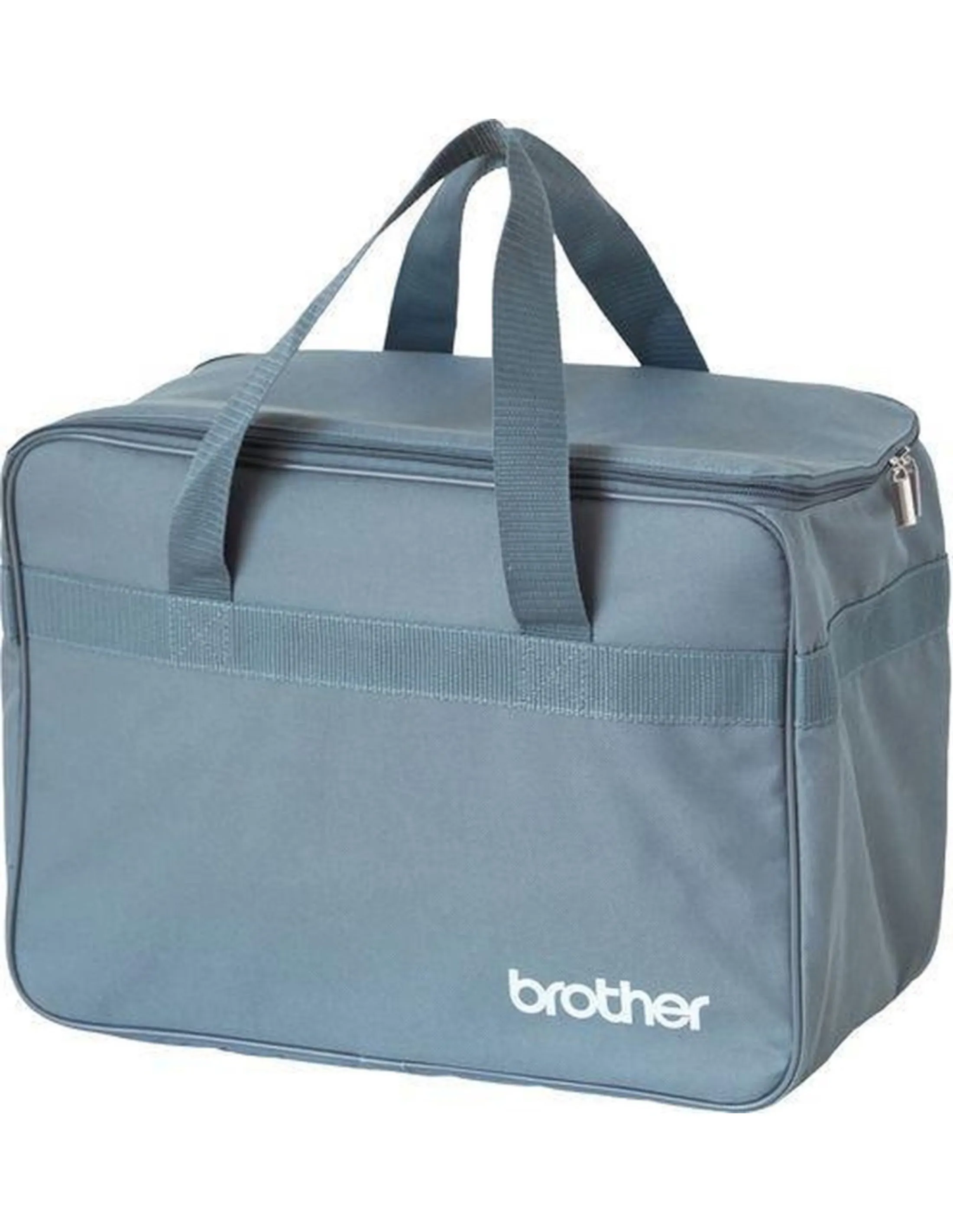 Graue Stofftasche mit zwei Henkeln und Reißverschluss.