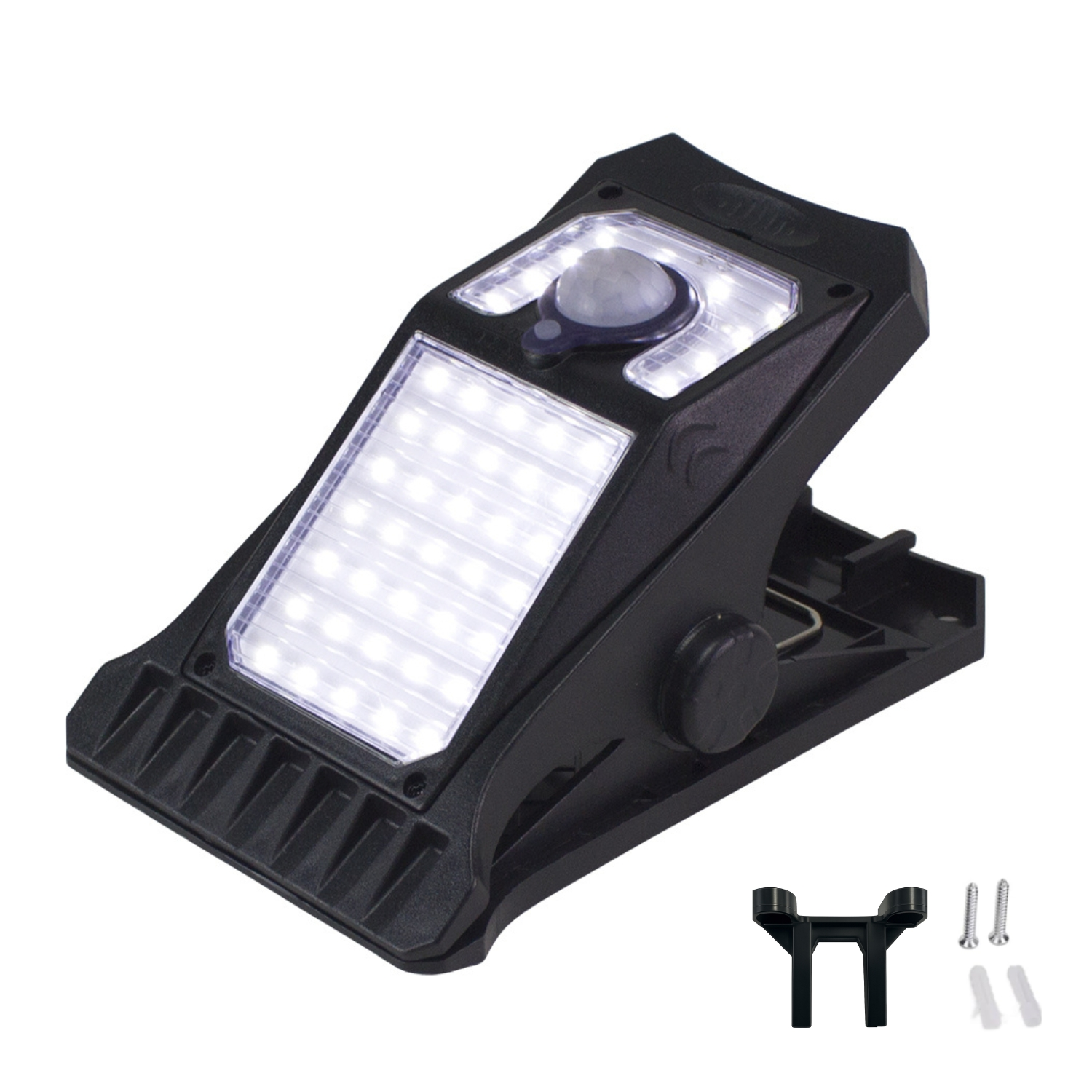 Luce solare nera con sensore di movimento, pannello LED e ferramenta.