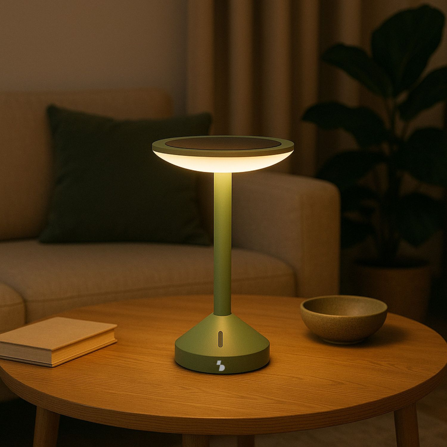 Una lampada verde su un tavolo di legno con un libro e una ciotola.
