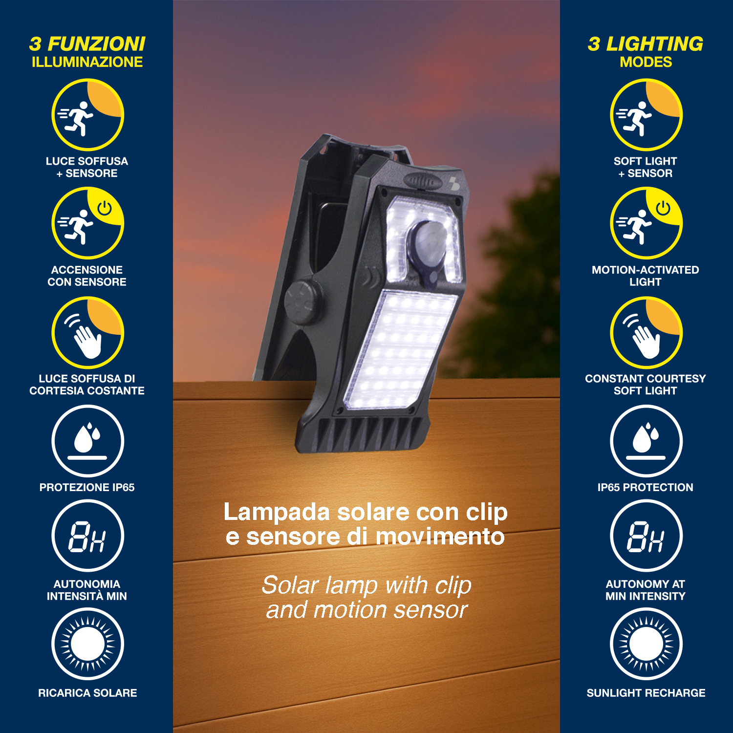 Lampada solare con clip e sensore di movimento, 3 modalità luce.
