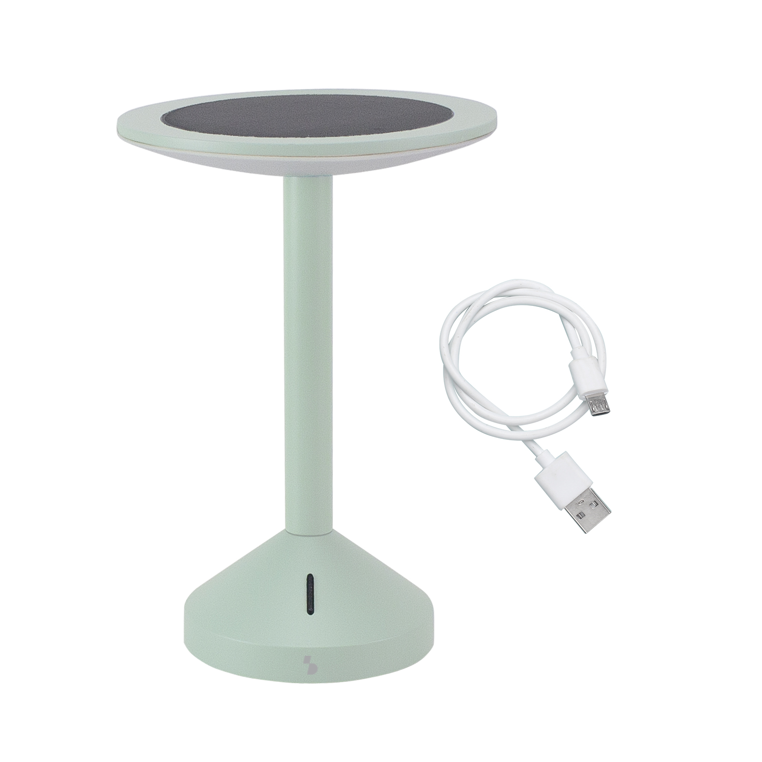 Lampada da scrivania verde chiaro con piano grigio scuro e cavo USB bianco.