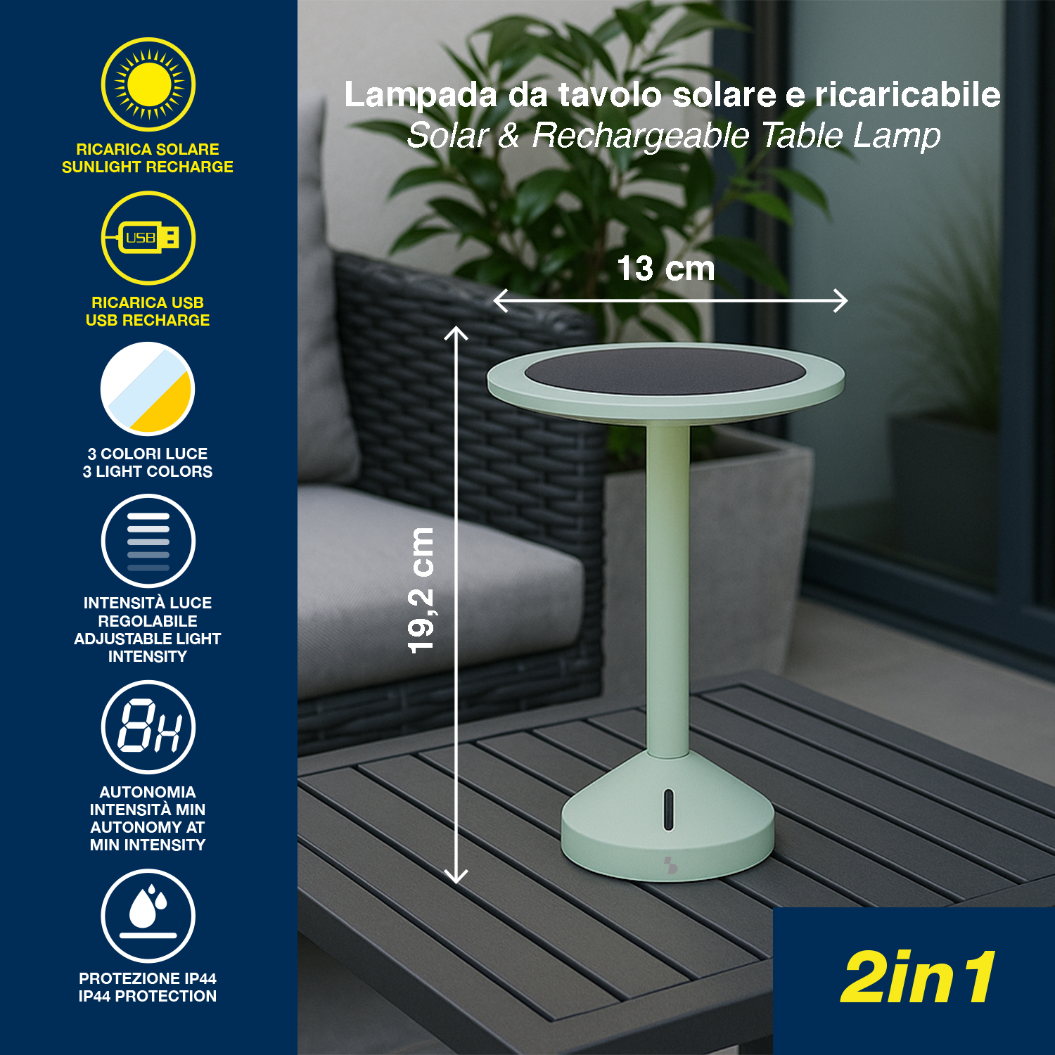 Una lampada da tavolo verde chiaro con ricarica solare e USB su un tavolo scuro.