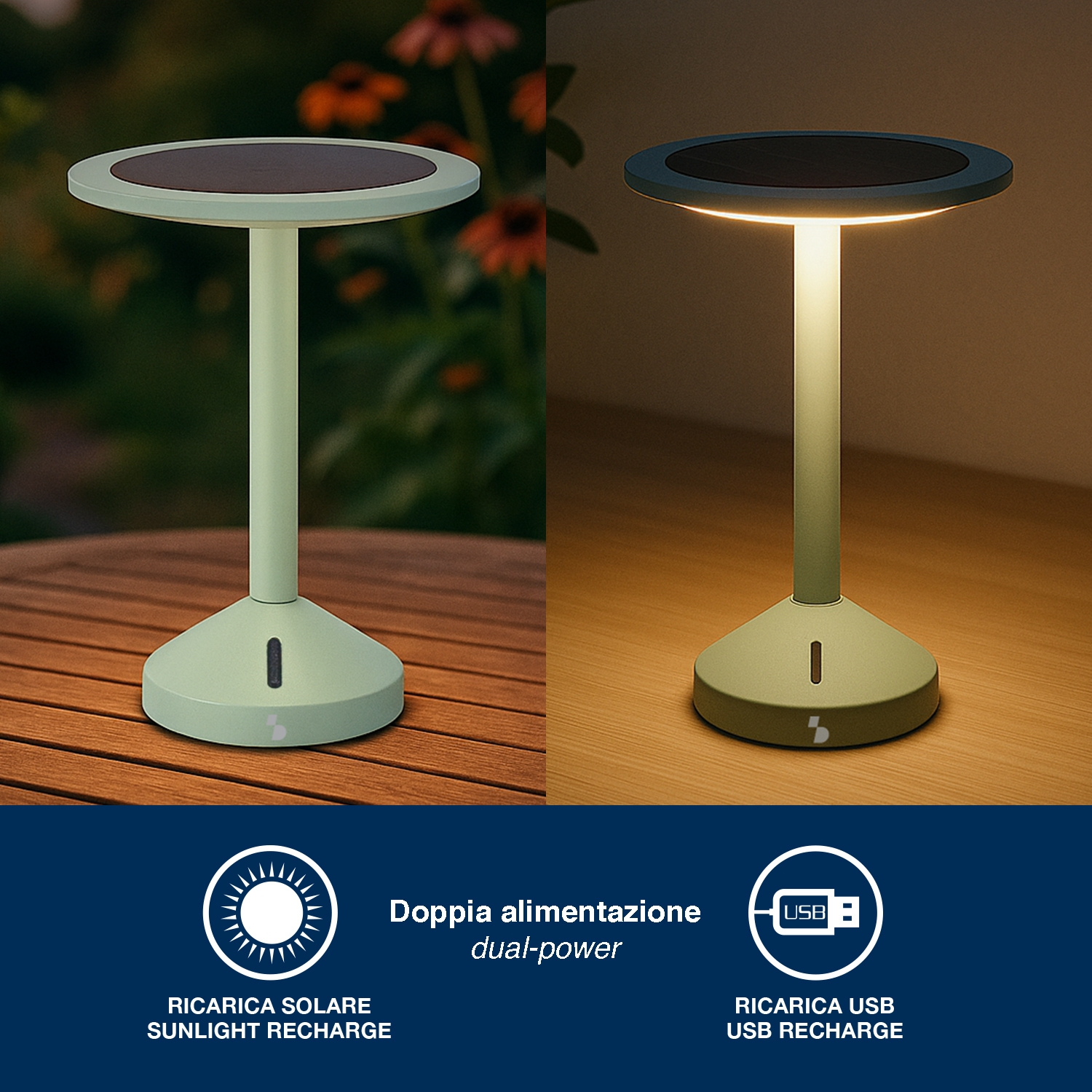 Lampada verde con due modalità: ricarica solare all'aperto, ricarica USB al chiuso.