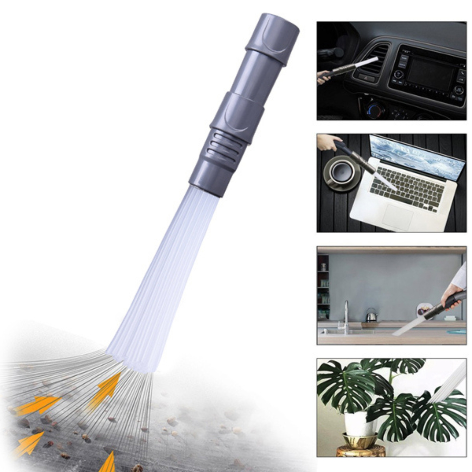 Accessorio aspirapolvere grigio con spazzola pulisce auto, laptop, cucina e pianta.
