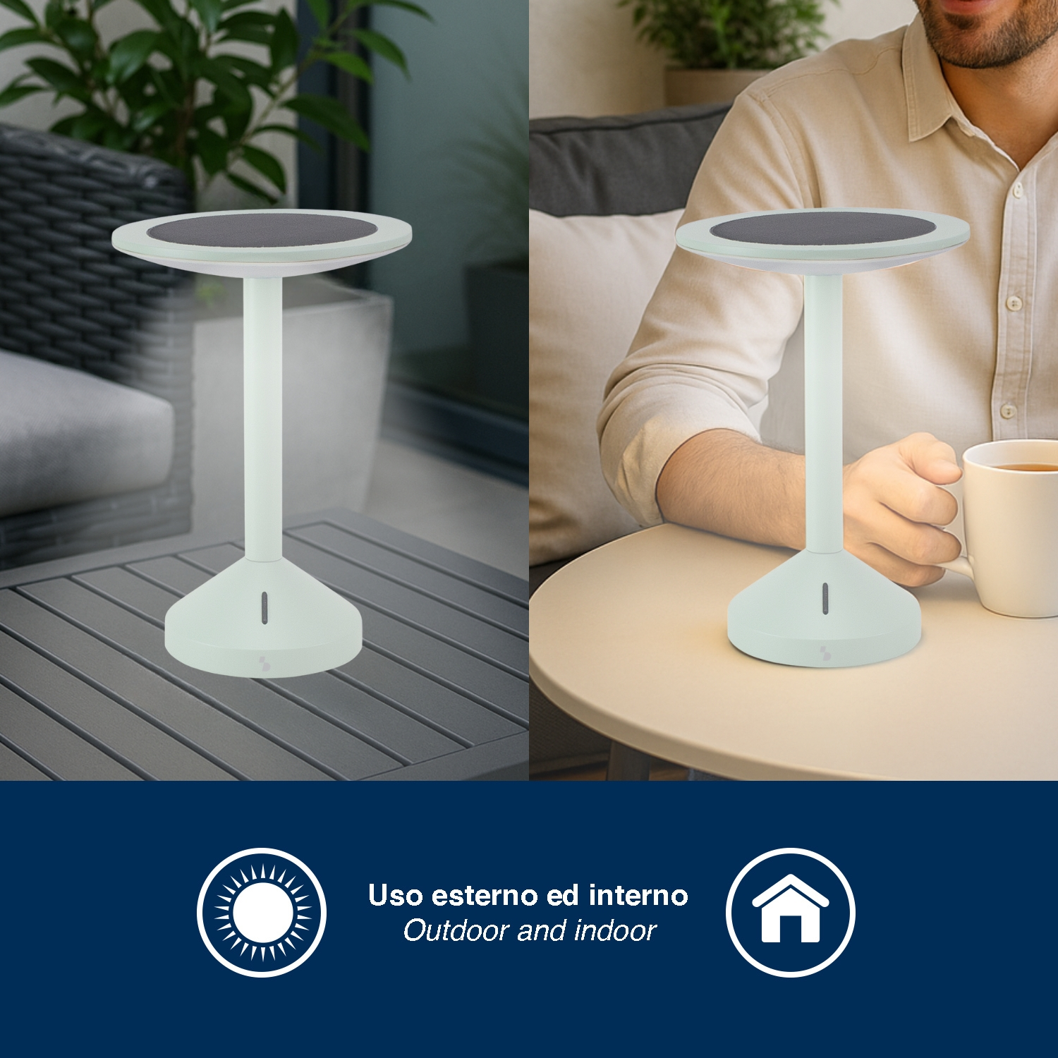 Moderno tavolo bianco con piano a pannello solare, per uso interno ed esterno.