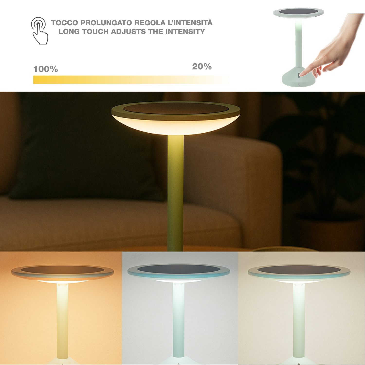 Viene mostrata una lampada verde a luminosità regolabile.