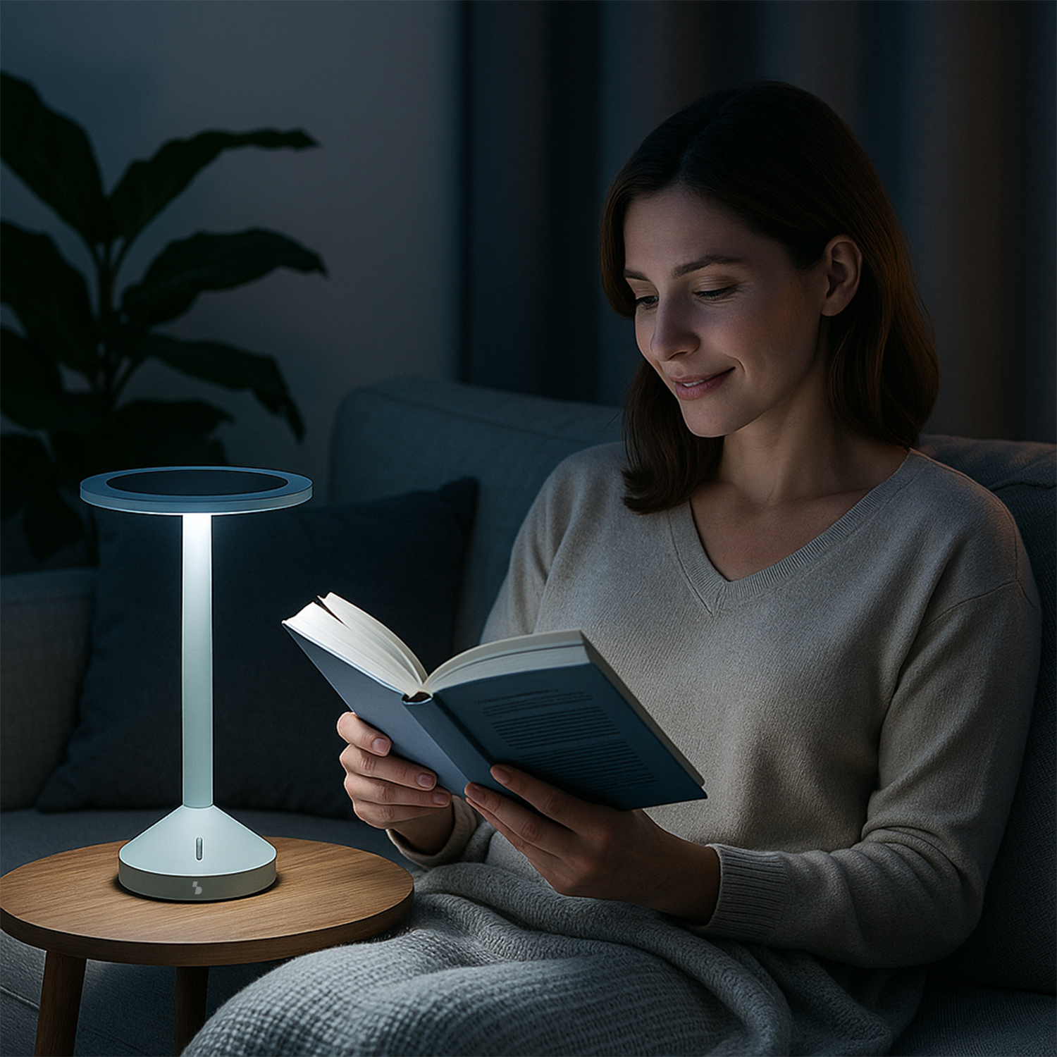 Donna legge un libro con lampada da tavolo su un divano.