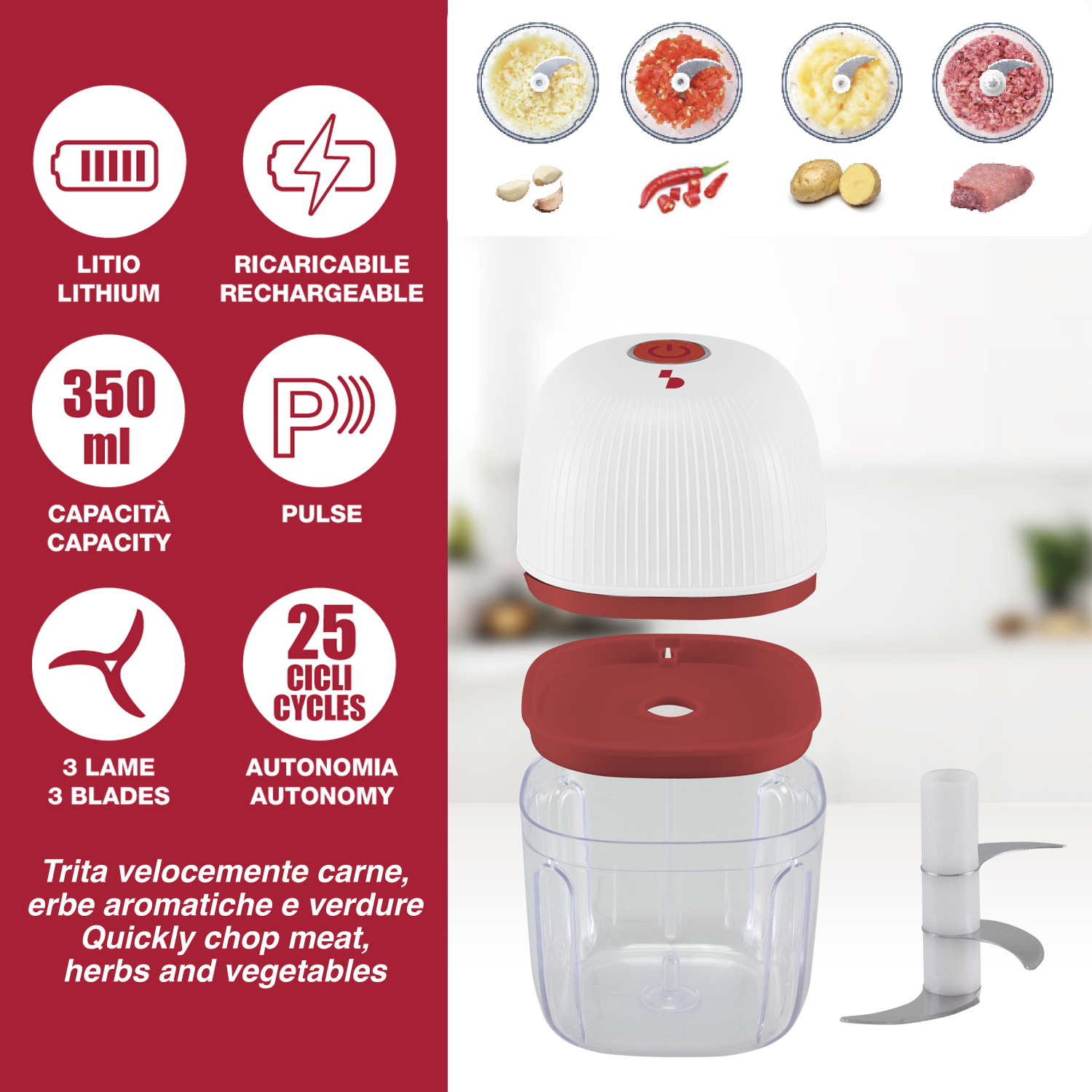 Un tritatutto elettrico bianco e rosso con accessori e ingredienti.
