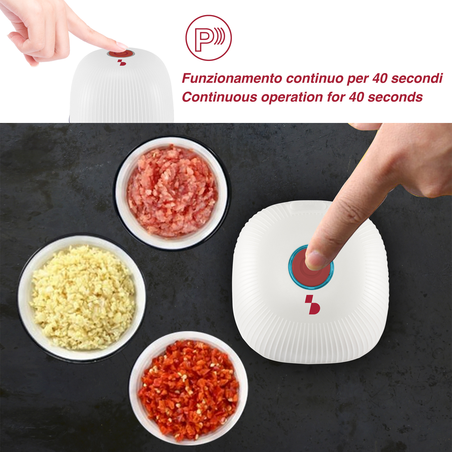 Una mano preme un pulsante su un dispositivo bianco. Ciotole di ingredienti tritati.