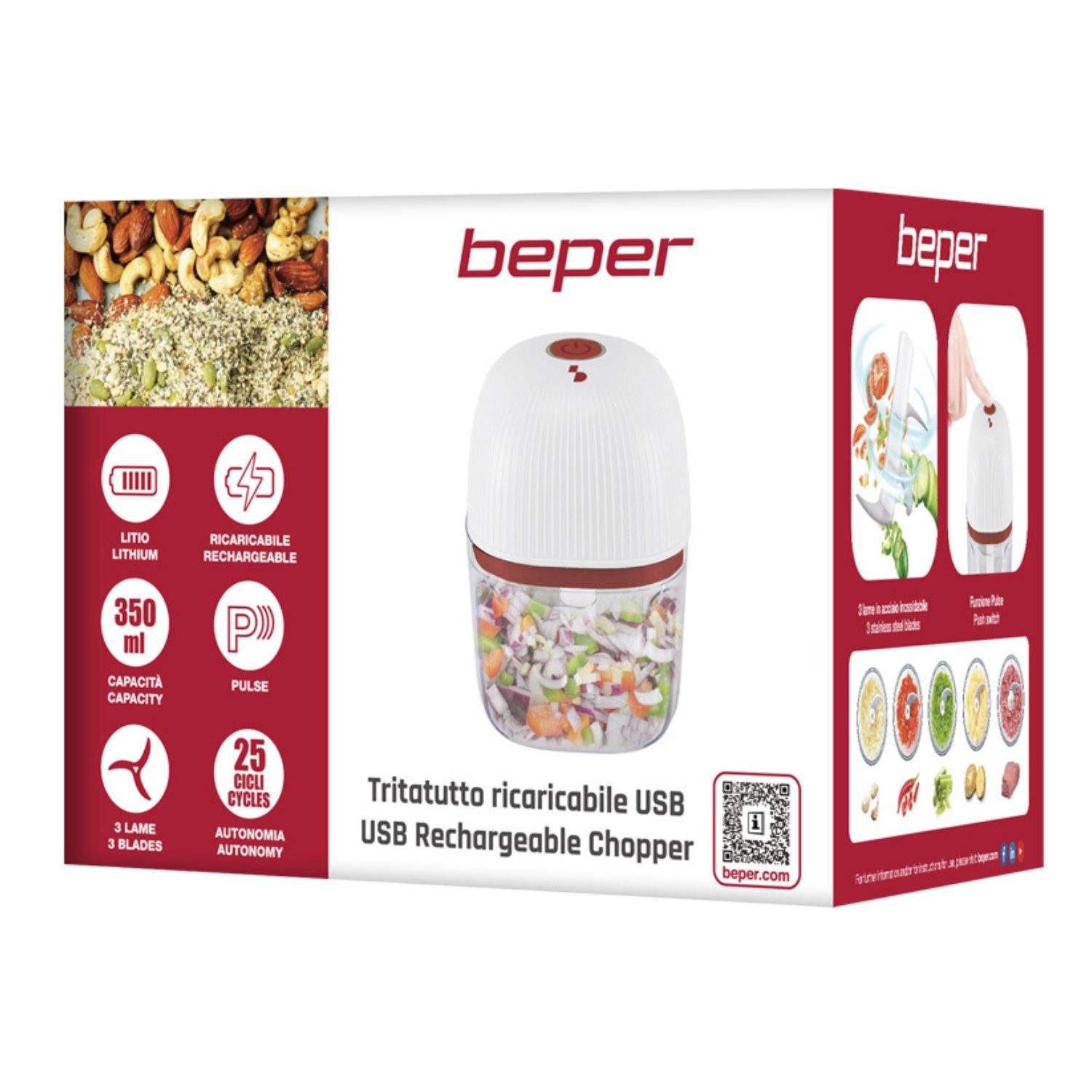 Tritatutto ricaricabile USB Beper, capacità 350ml, 3 lame, funzione pulse.