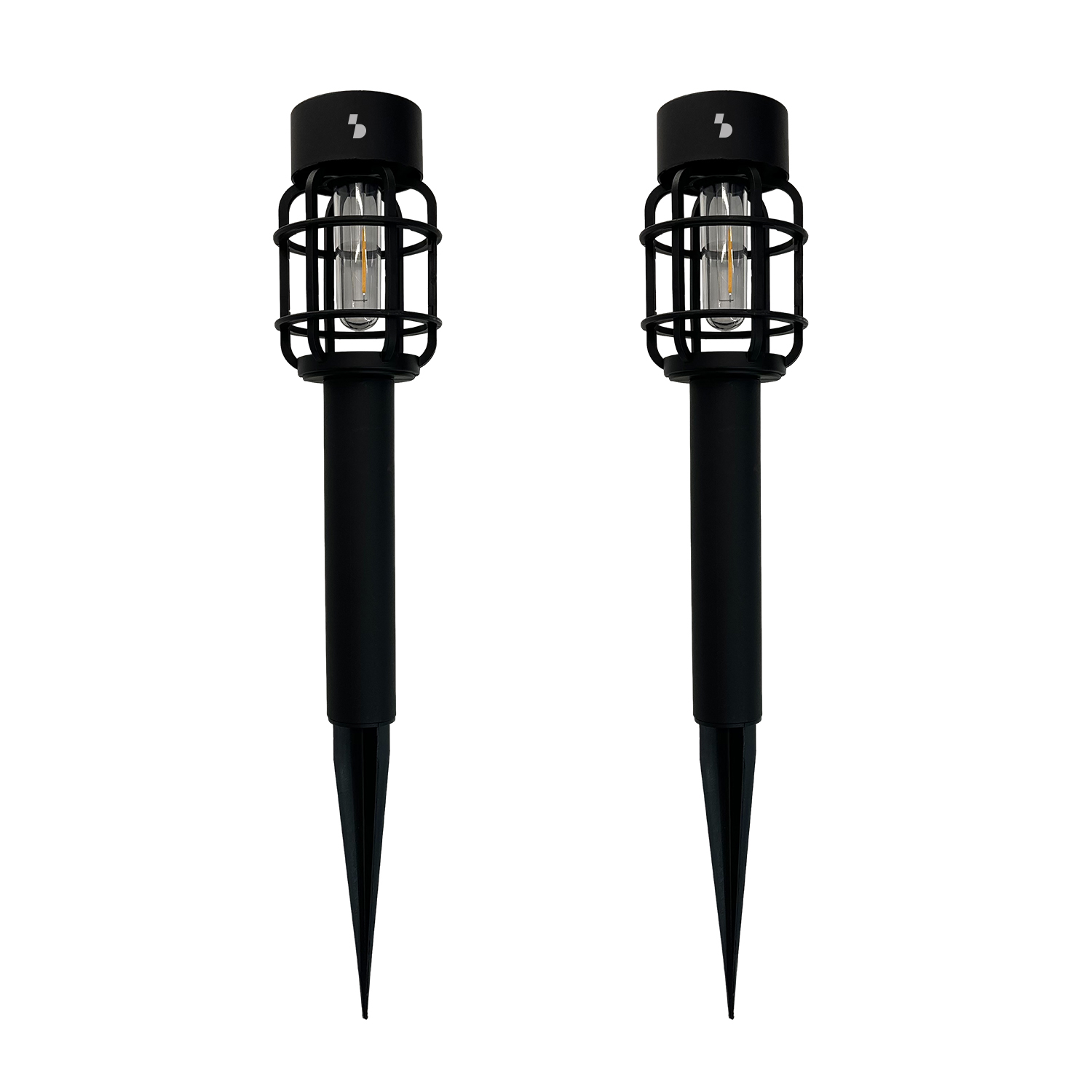 Due luci da giardino nere con lampadine in gabbia.