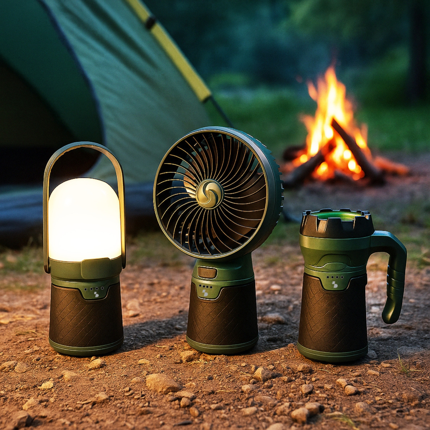 Attrezzatura da campeggio: lanterna, ventilatore e tazza vicino a falò e tenda.