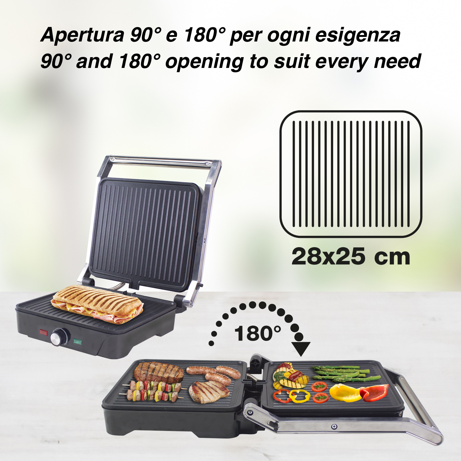 Una griglia con coperchio aperto che mostra un panino e un'area grill piatta con carne e verdure.