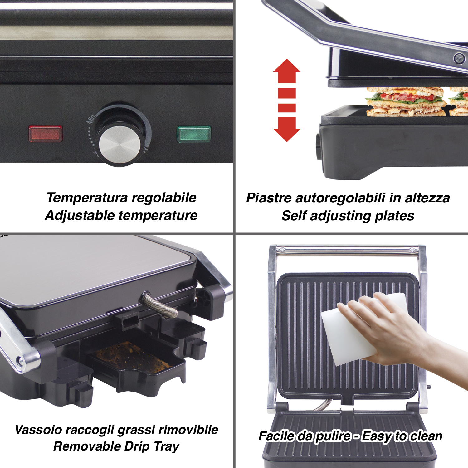 Un sandwich maker con temperatura regolabile, piastre autoregolabili, vassoio raccogli grassi e facile pulizia.