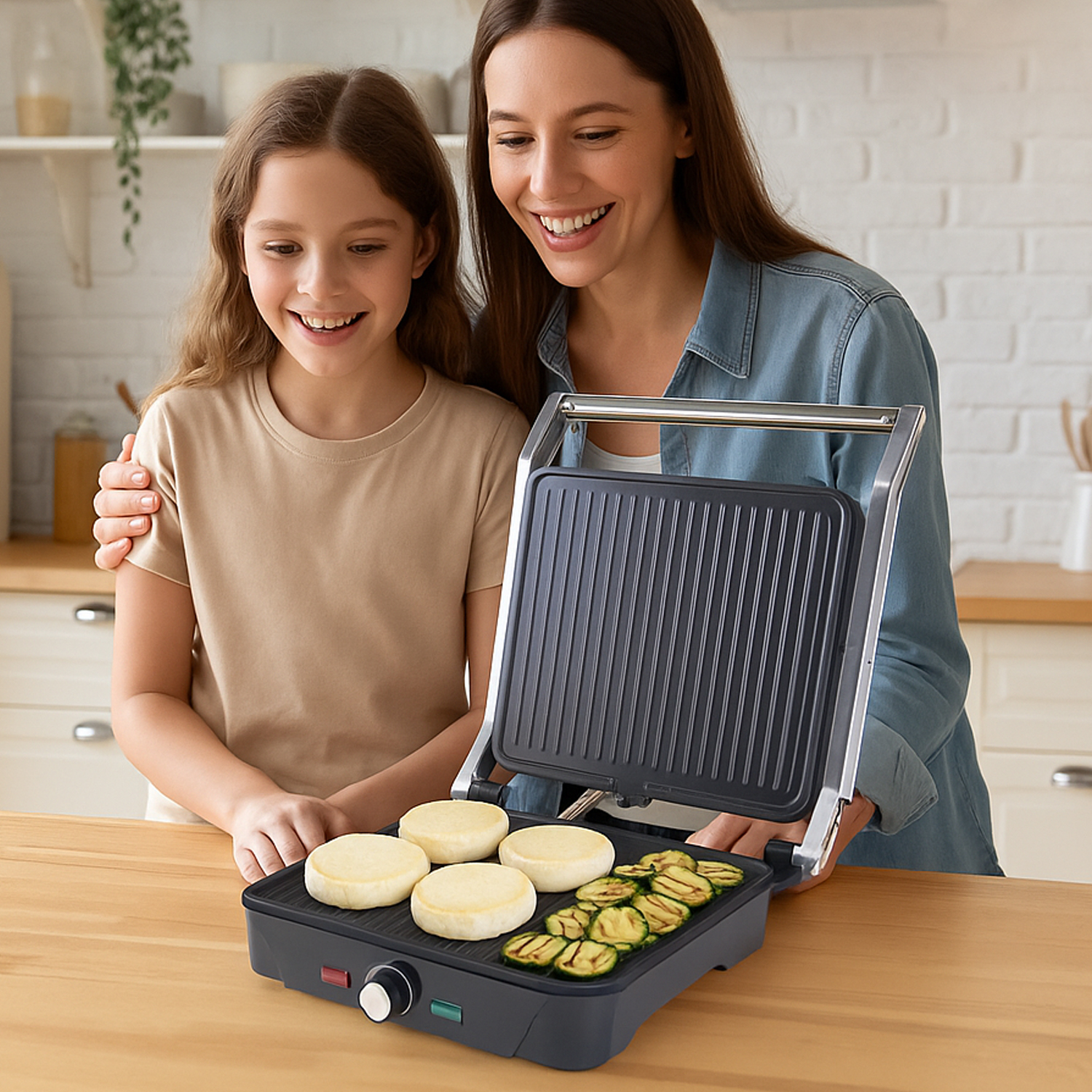 Madre e figlia sorridono su una griglia con muffin e zucchine.