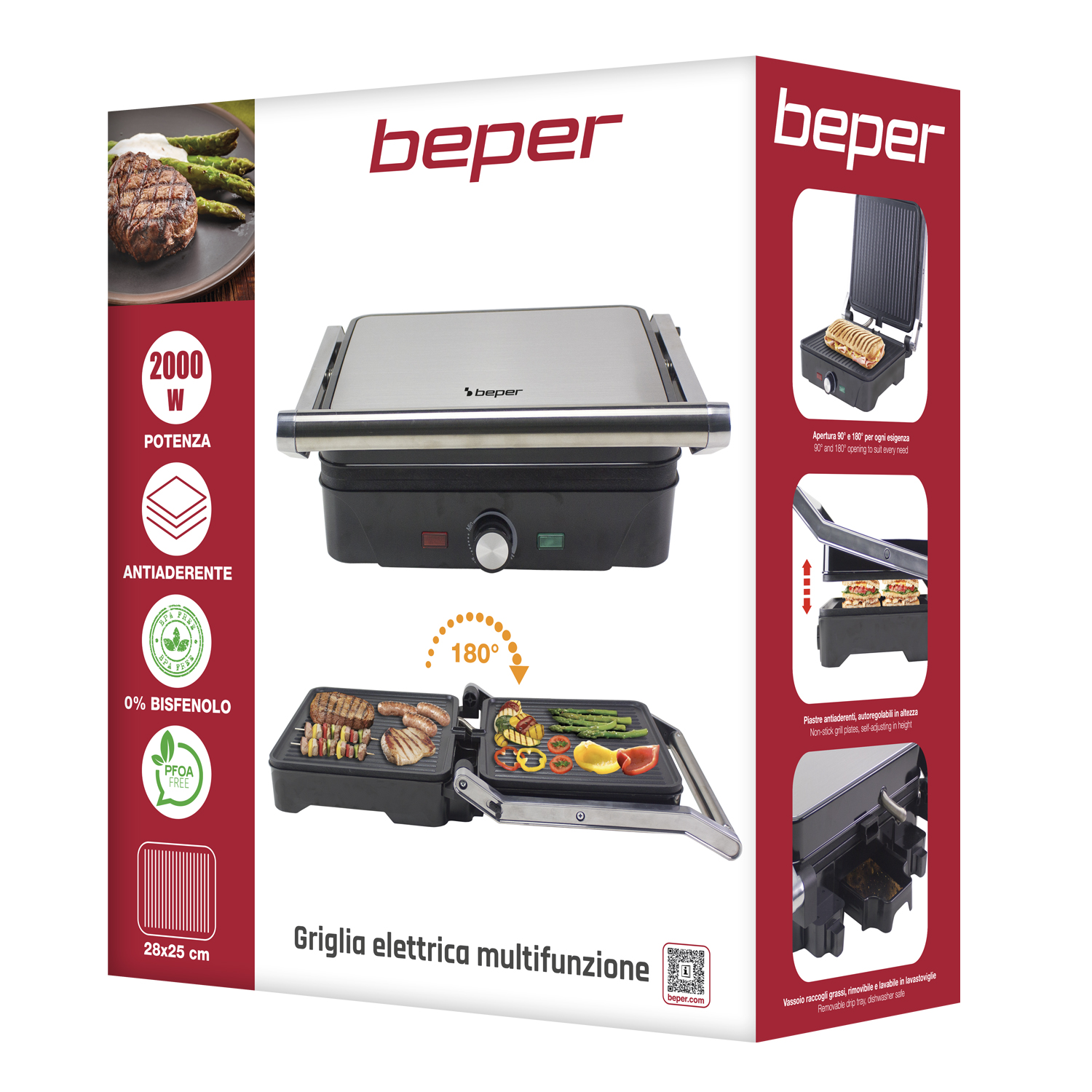 Grill elettrico multifunzione Beper con piastre aperte e cibo.