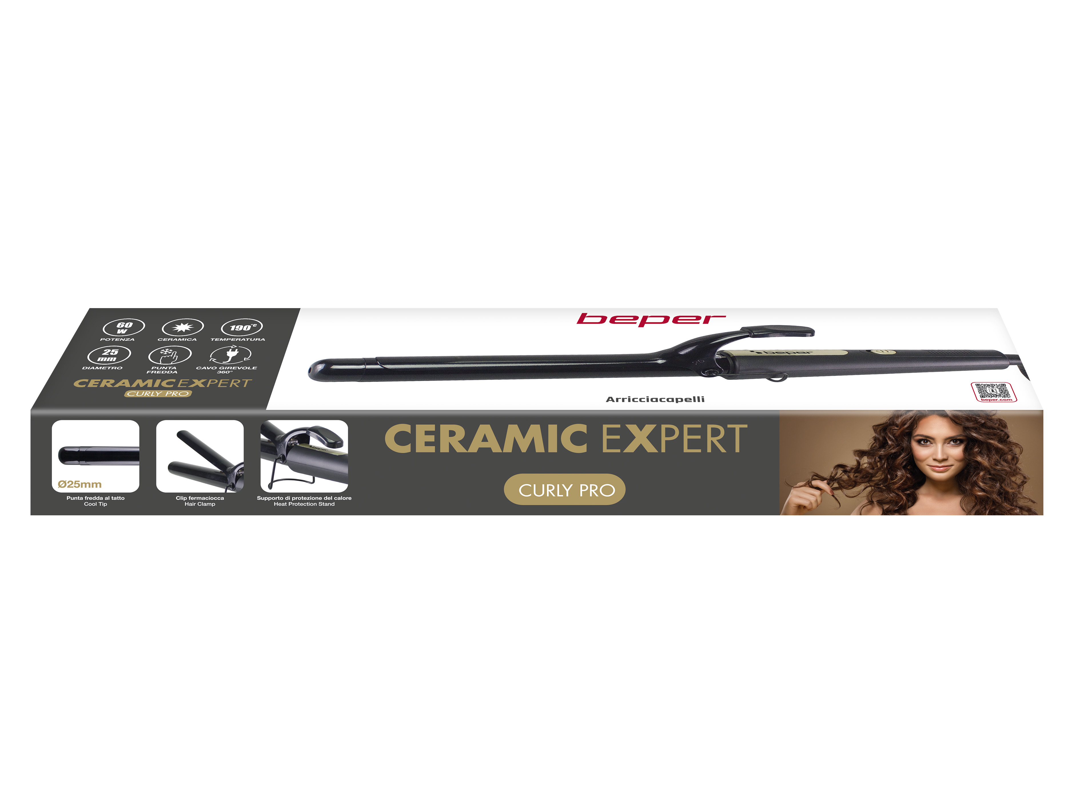 Un arricciacapelli nero con etichetta 'Ceramic Expert' vicino a una donna dai capelli voluminosi.