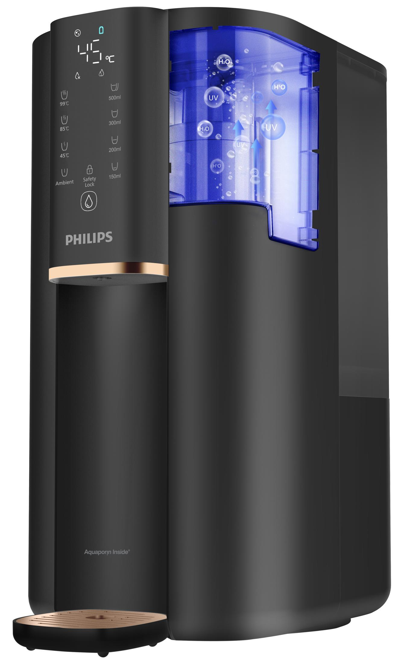 Dispenser d'acqua nero con display digitale, luce UV e logo Philips.