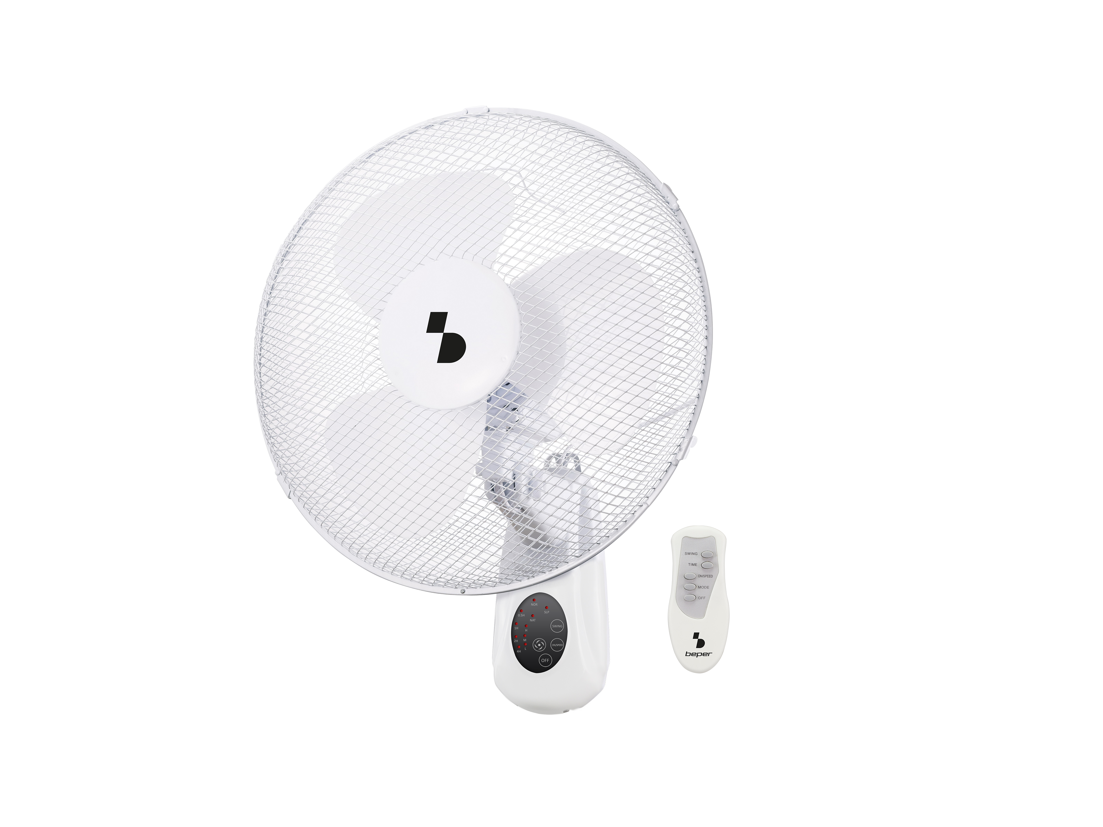 Un ventilatore da parete bianco con telecomando e pannello di controllo.