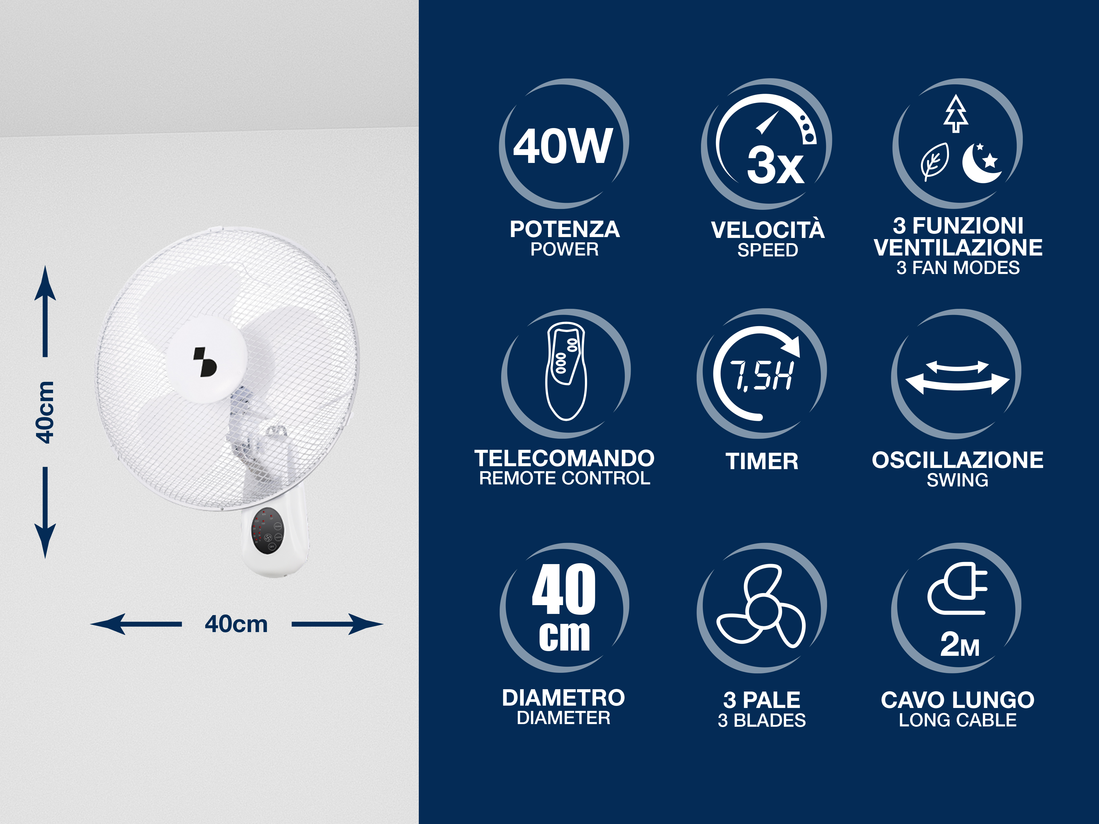 Ventilatore bianco da 40W, 3 velocità, 3 modalità, telecomando, diametro 40cm.