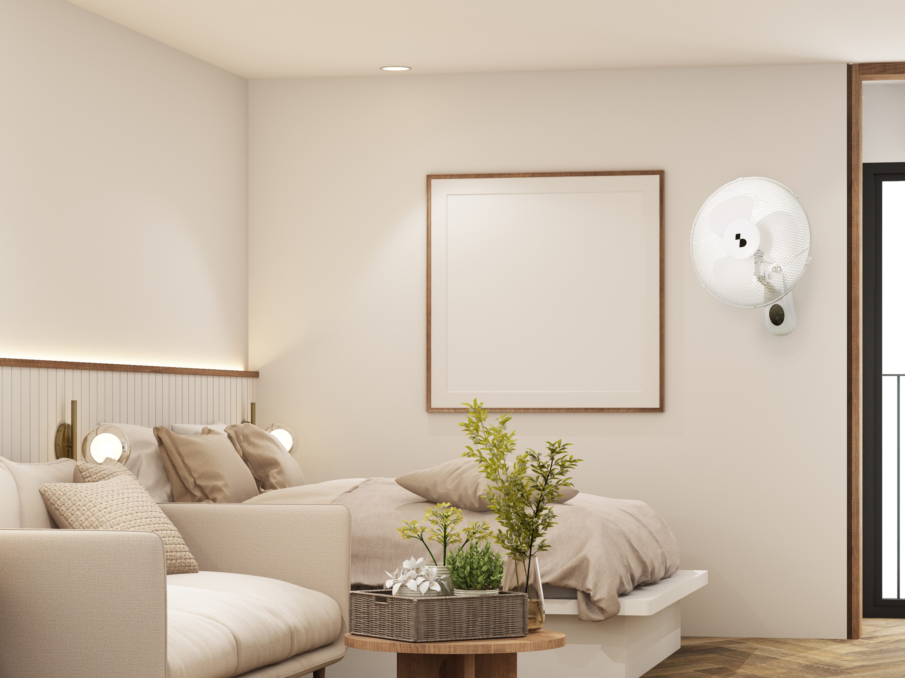 Una camera da letto con letto, divano, tavolo e ventilatore a parete.