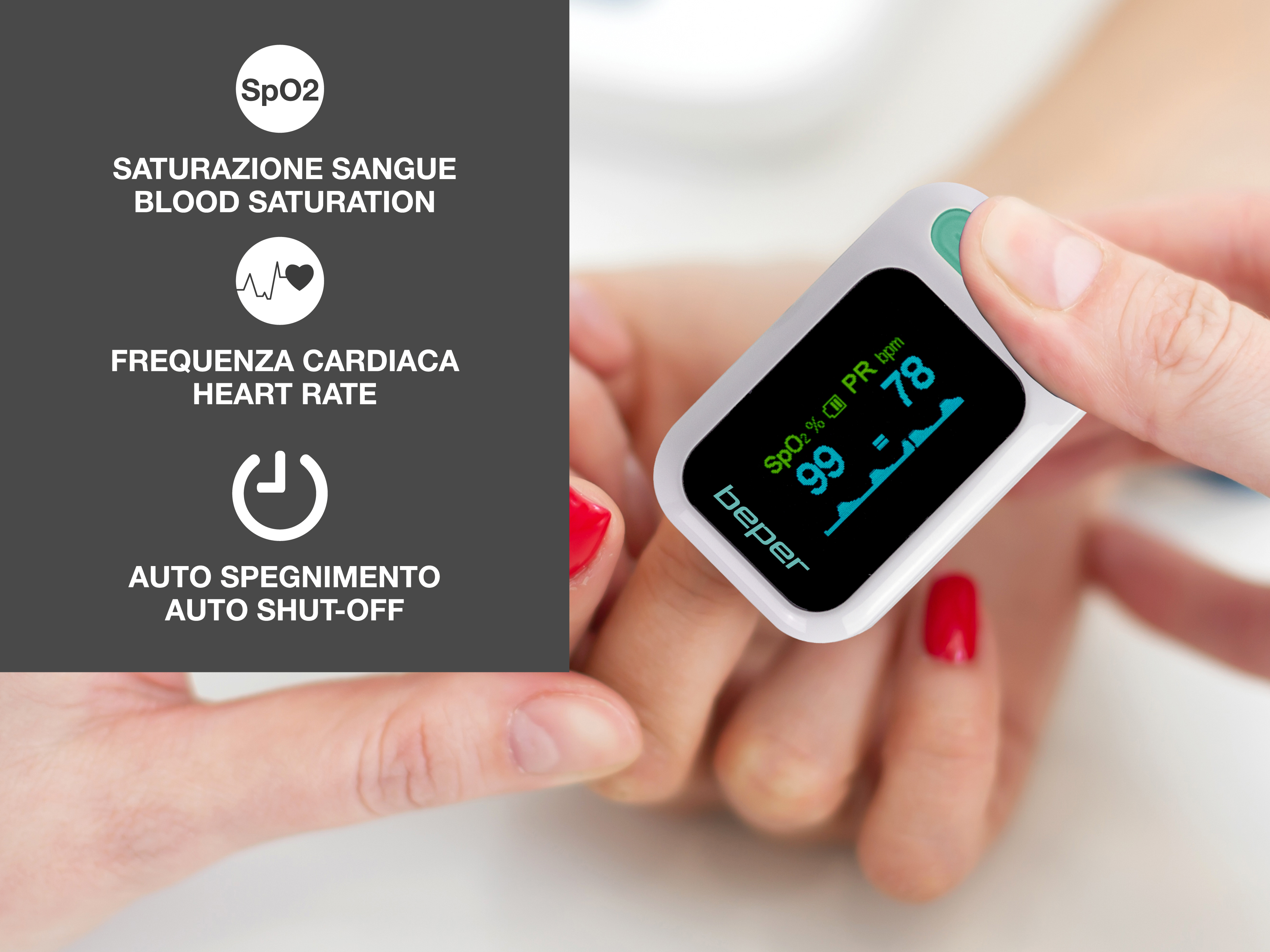 Un saturimetro da dito mostra SpO2 99% e pulsazioni 78 bpm.
