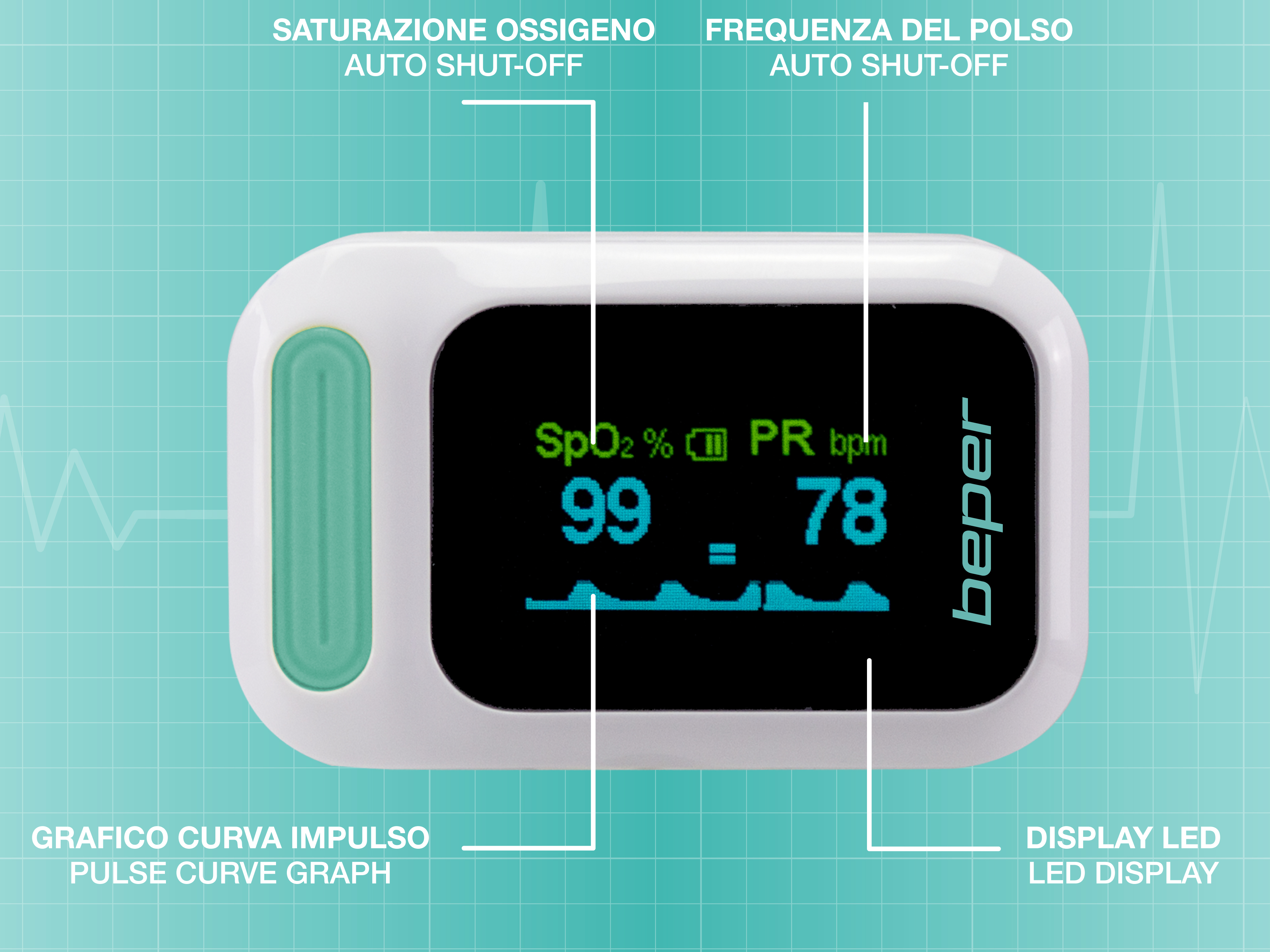 Un pulsossimetro digitale mostra 99% SpO2 e 78 bpm di frequenza.