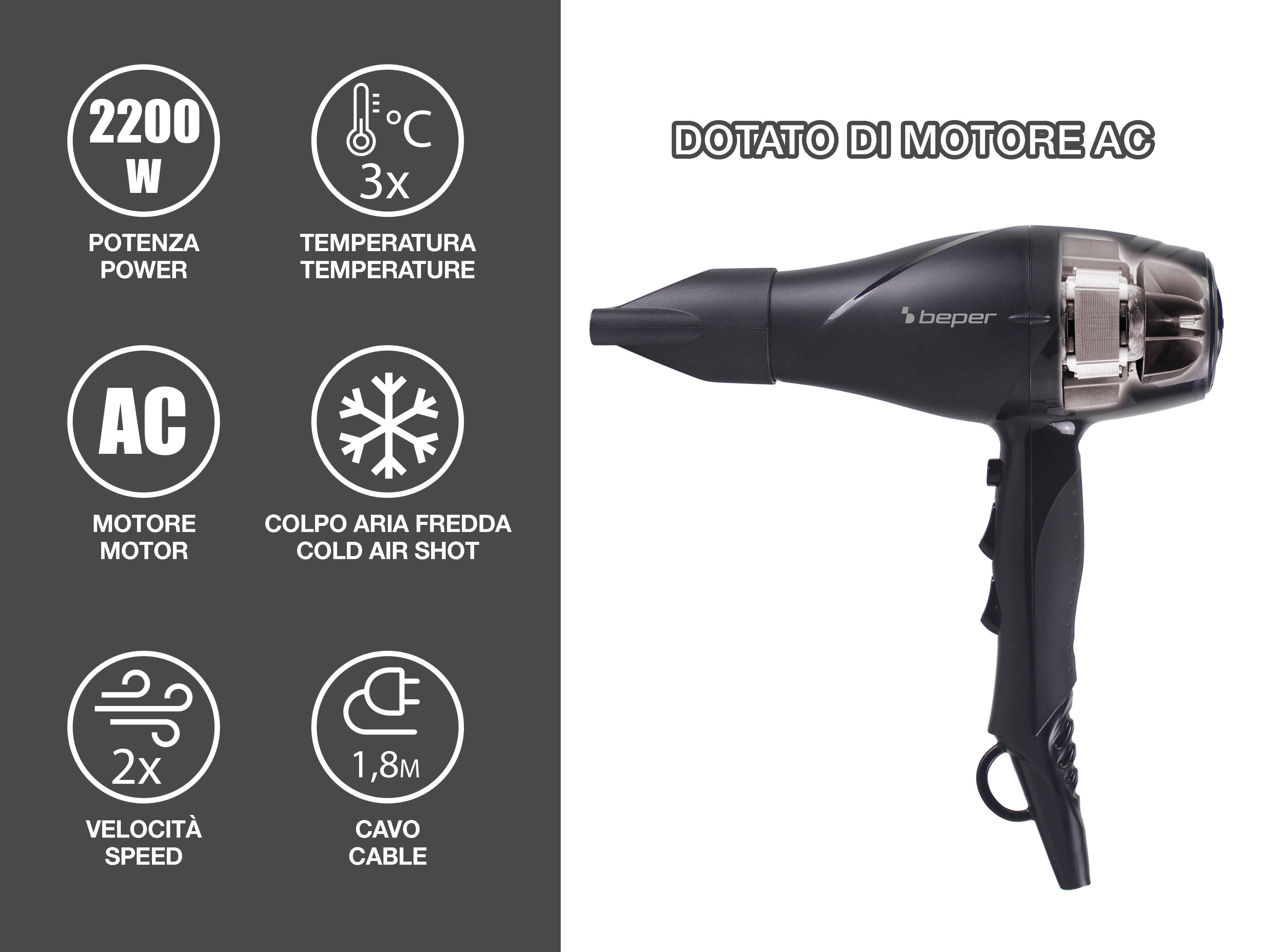Asciugacapelli nero con motore AC, 2200W, 3 temperature, colpo aria fredda.