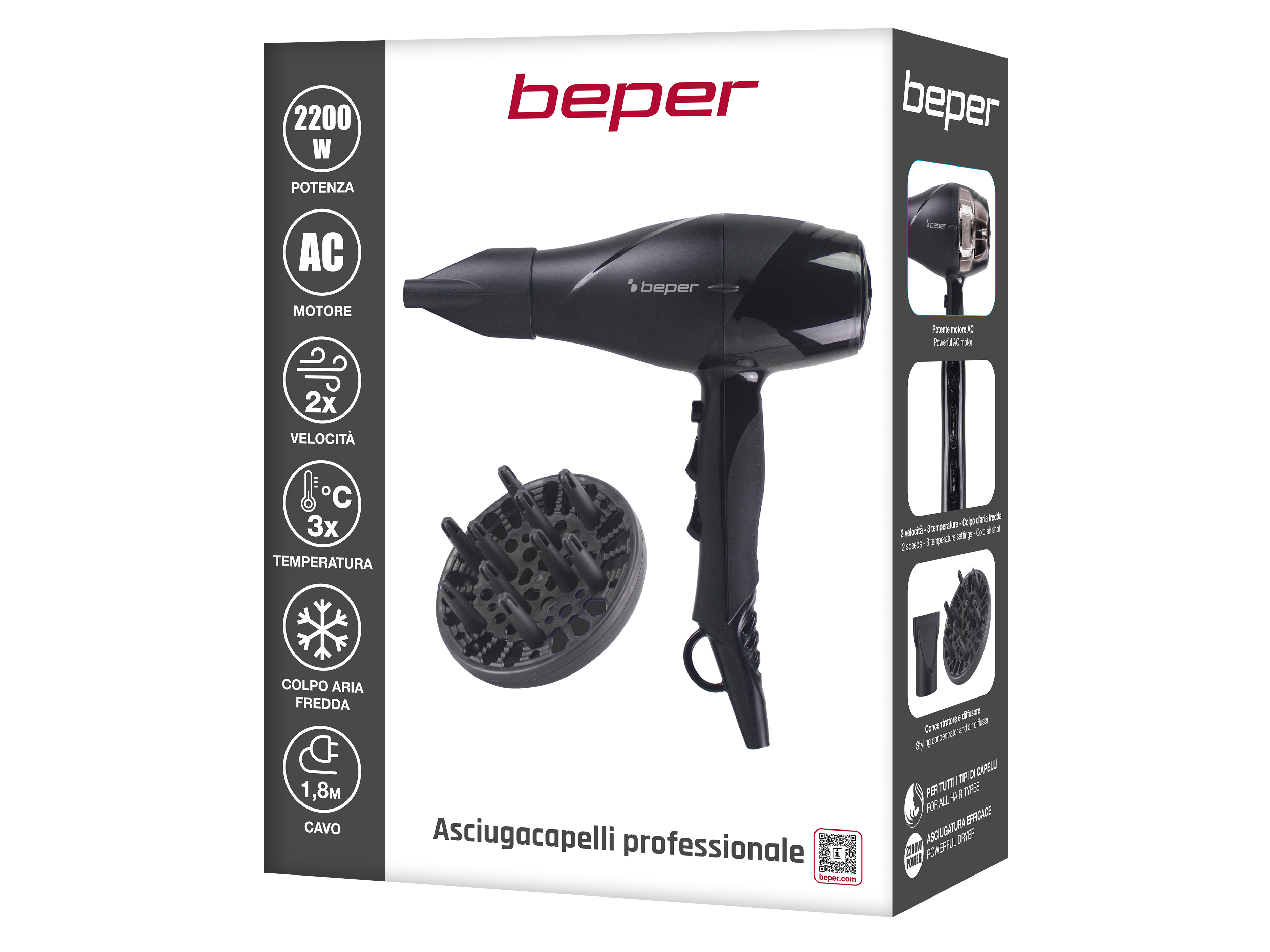 Asciugacapelli nero con diffusore e accessori, 2200W, motore AC.