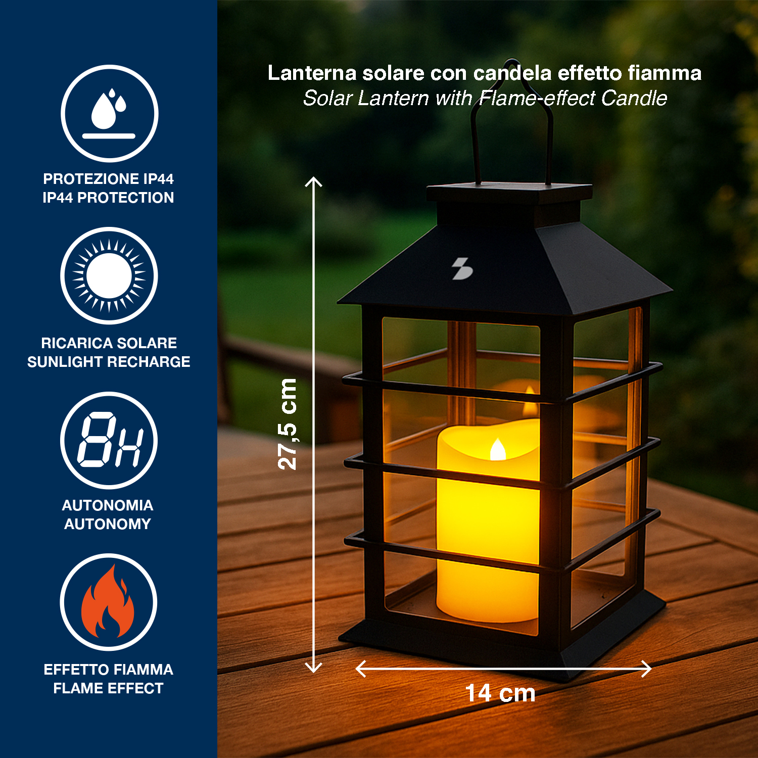 Lanterna solare nera con candela a fiamma su tavolo in legno. H:27,5cm L:14cm.
