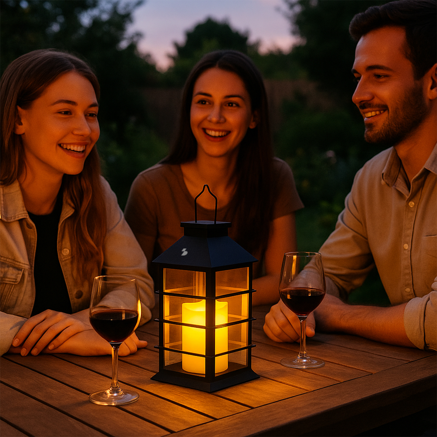 Tre amici sorridenti siedono all'aperto a un tavolo di legno con lanterna.