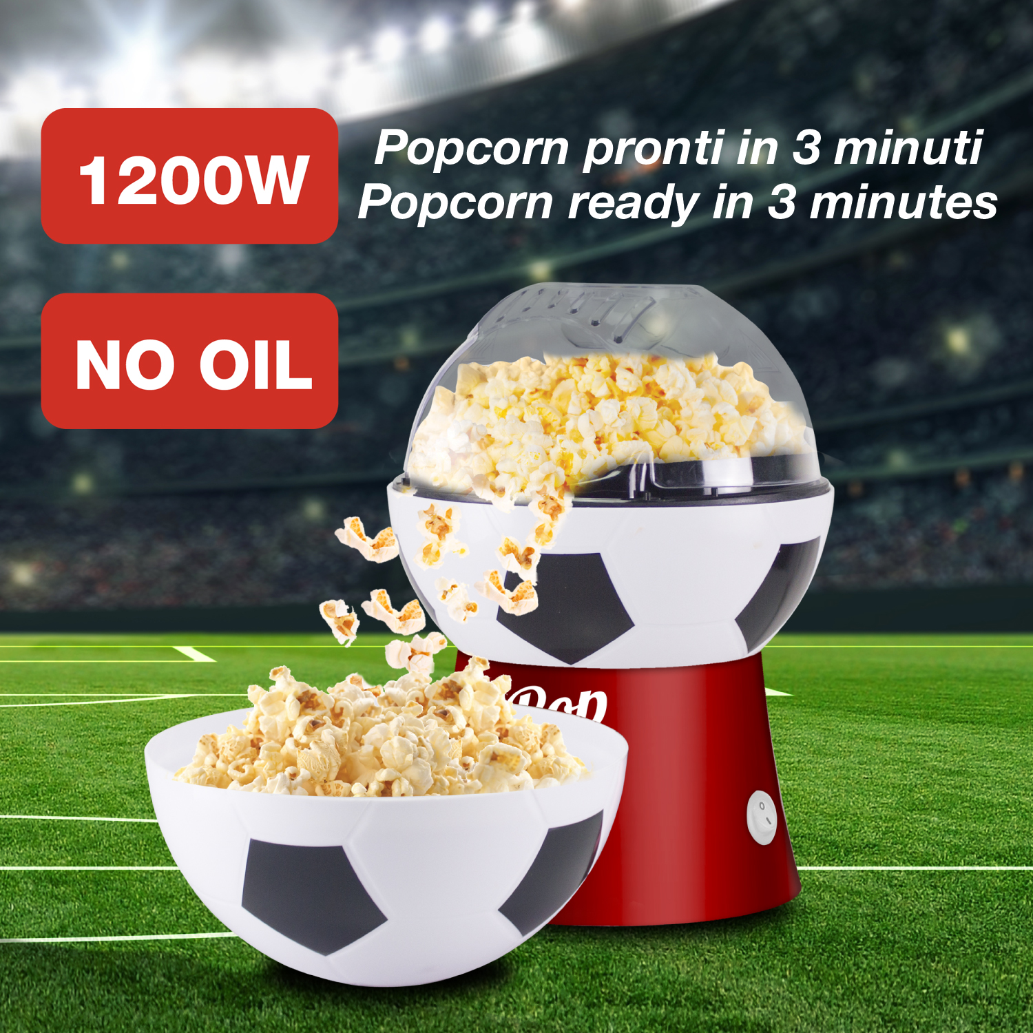 Macchina popcorn design pallone da calcio su campo. 1200W, senza olio.